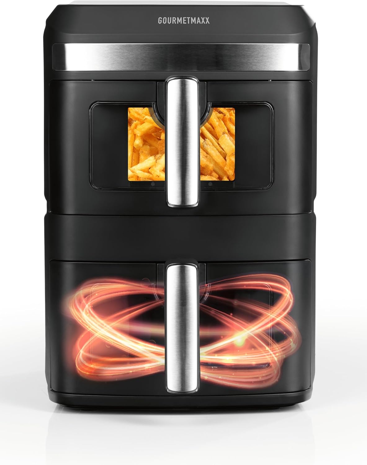 GOURMETmaxx FryUp XL - Friggitrice ad aria calda a doppia camera verticale con finestra – 12 l | Airfryer con display touch LED multicolore da 9,6 pollici e 12 programmi | Friggitrice ad aria calda a