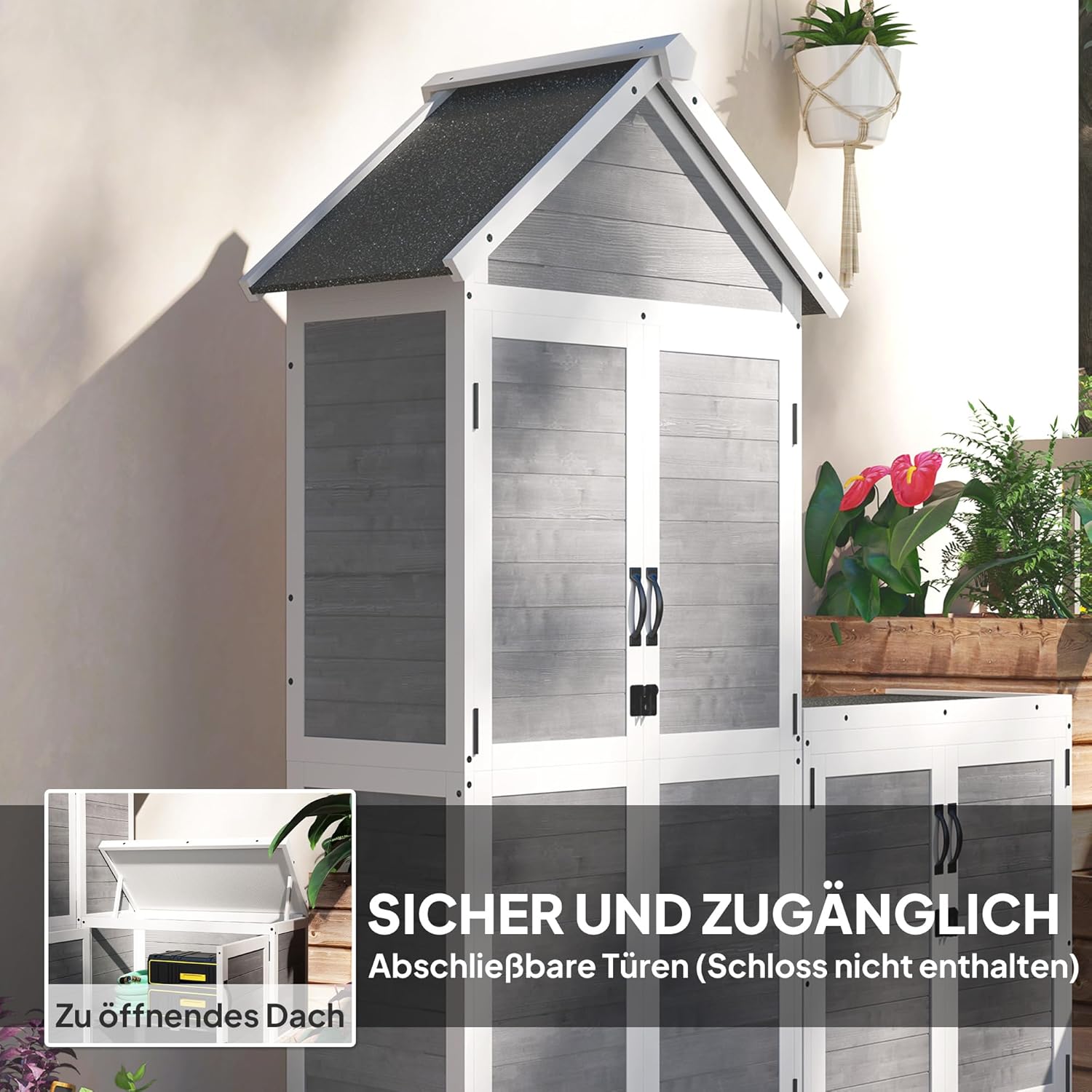 Outsunny 2 in 1 Gartenschrank Holz, Geräteschrank mit Satteldach Aufbewahrungsschrank Ablage 89x51x182cm, Gerätehaus mit Abschließbar Tür wetterfest Geräteschuppen für Terrasse, Garten, Hellgrau