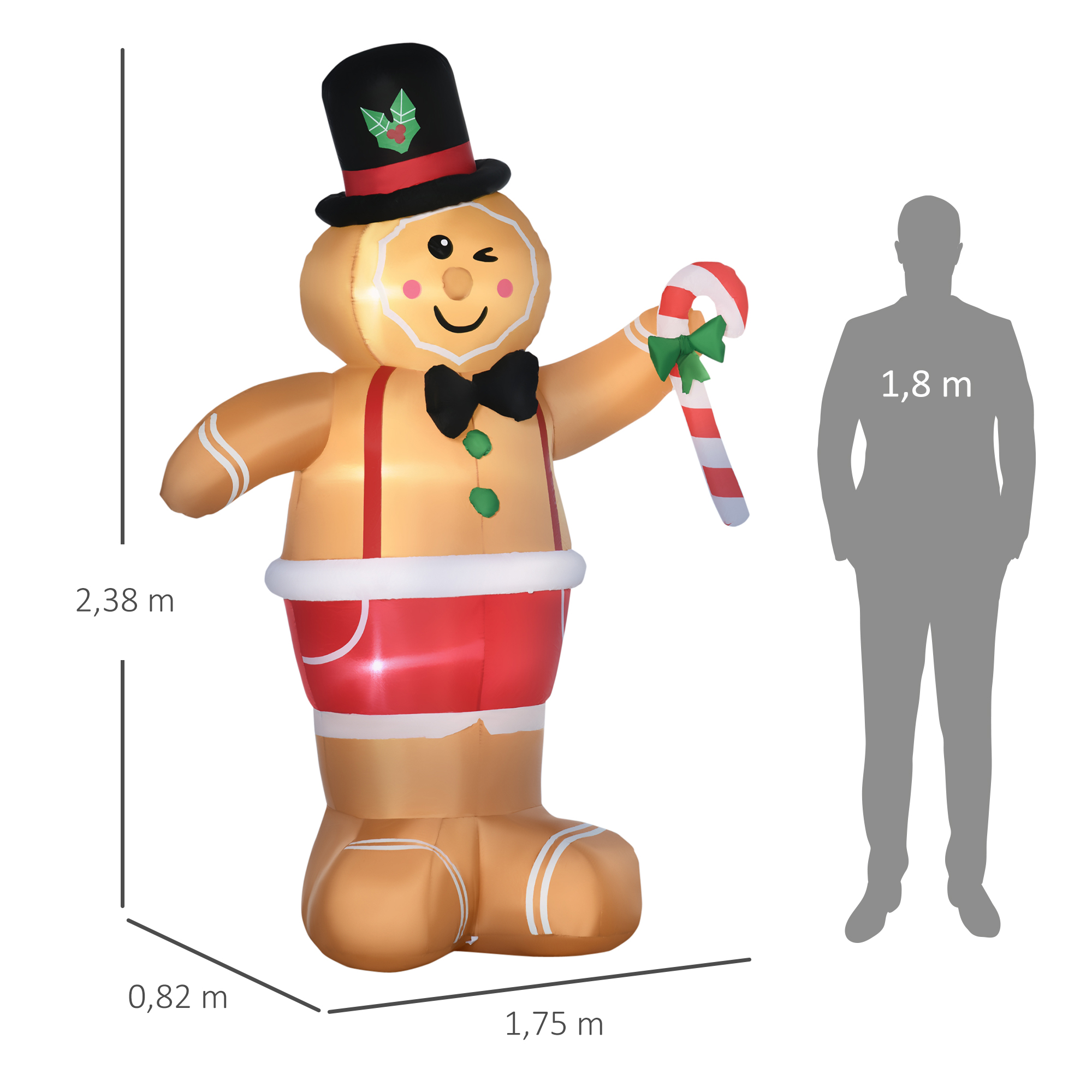 Outsunny Christmas opblaasbare peperkoekman 2,38 m met LED-verlichting weerbestendig