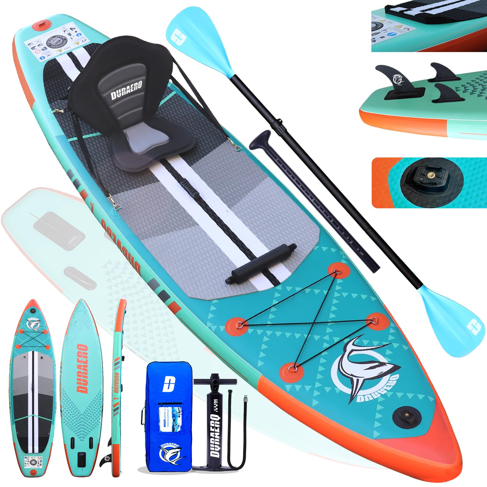 Aufblasbares SUP Set mit Kajaksitz, 330x76x15 cm, Doppel-Paddel und Zubehör, Tragkraft bis 150 kg