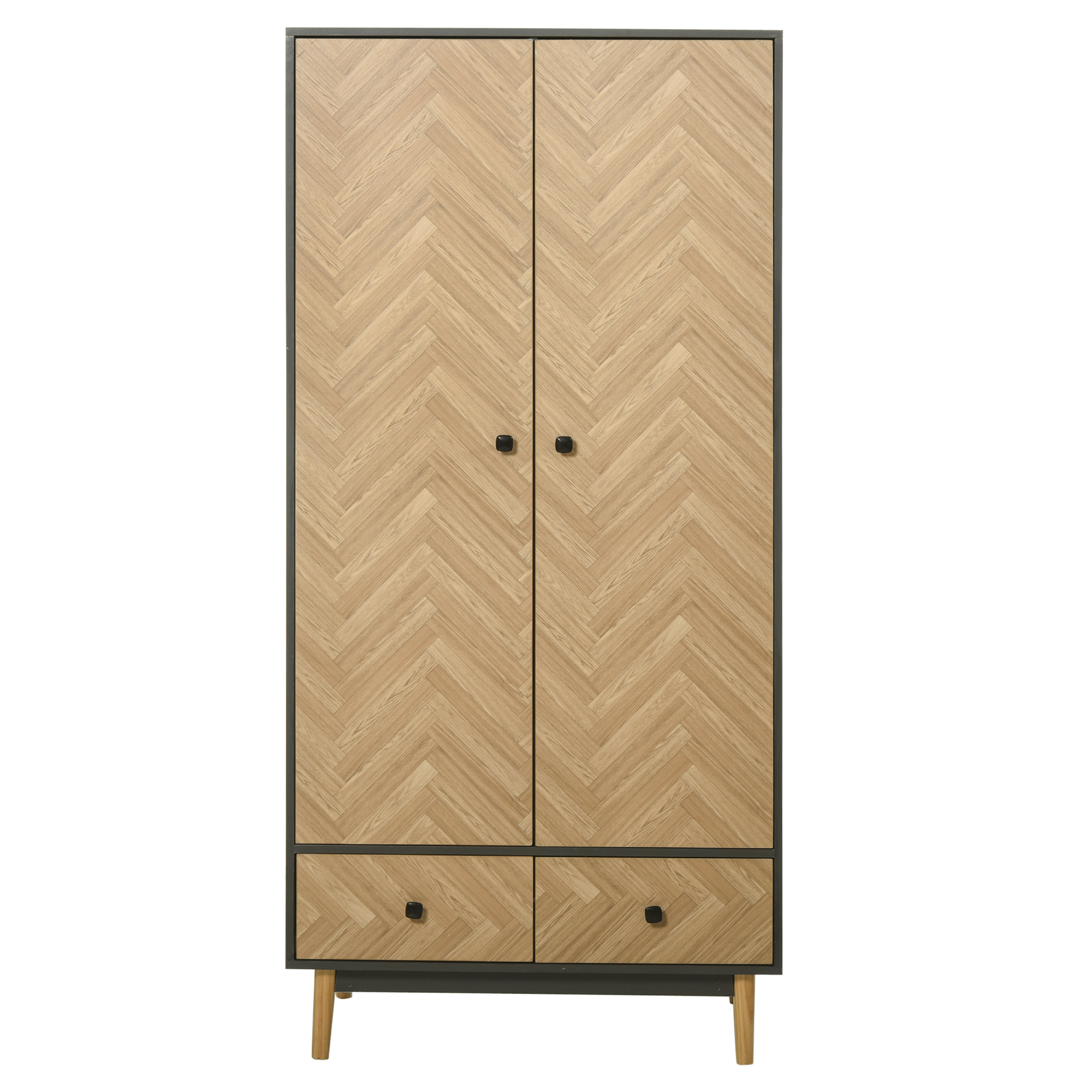 HOMCOM Kleiderschrank mit 2 Türen, Schlafzimmerschrank, mit Regalen, Stangen und 2 Schubladen, Kiefernholz, 90 B x 50 T x 190 H cm, Dunkelgrau