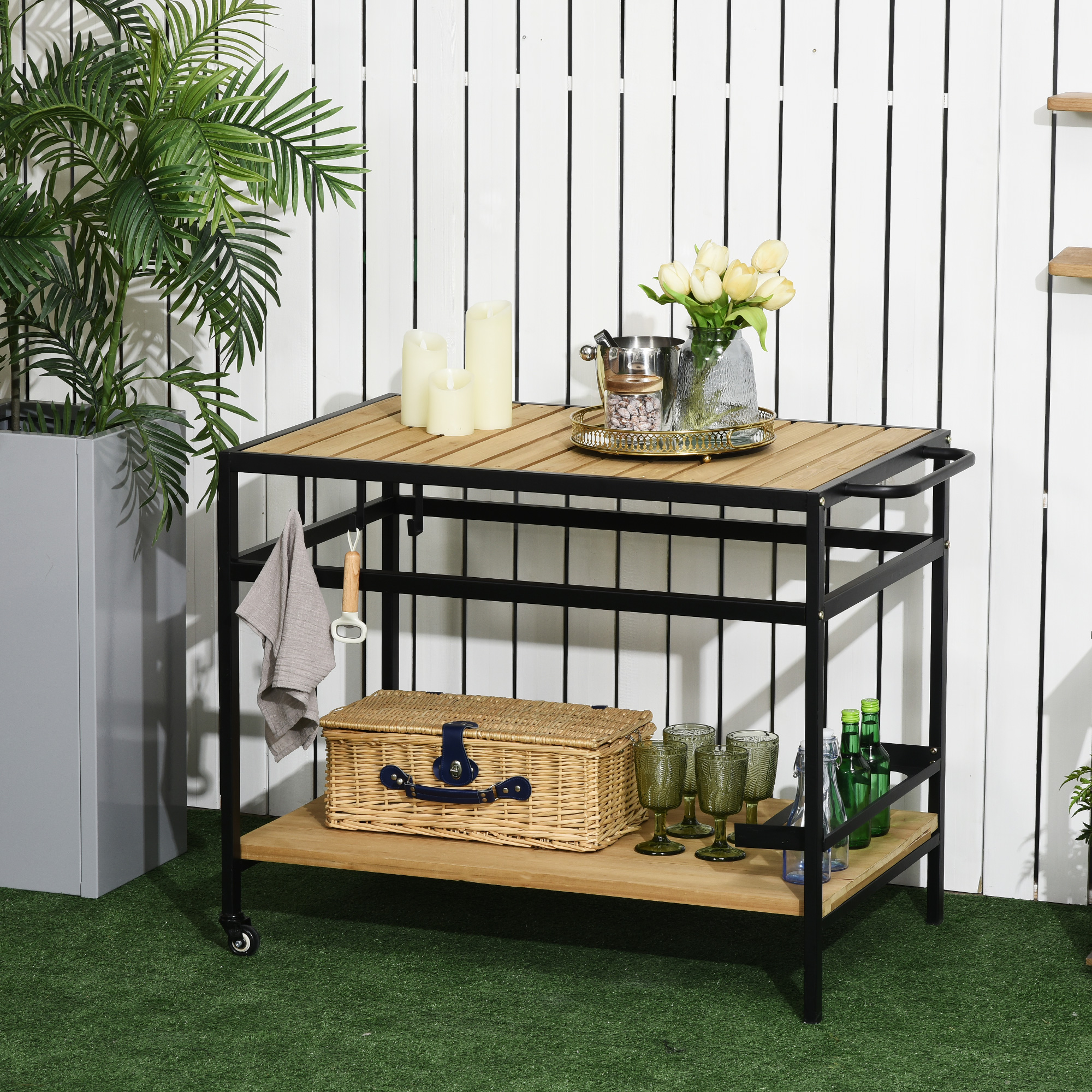 Outsunny Servierwagen im Industrie-Design, wetterbeständig, 3 Haken, 1 Regal,107 cm x 65 cm x 80 cm, Schwarz +Natur