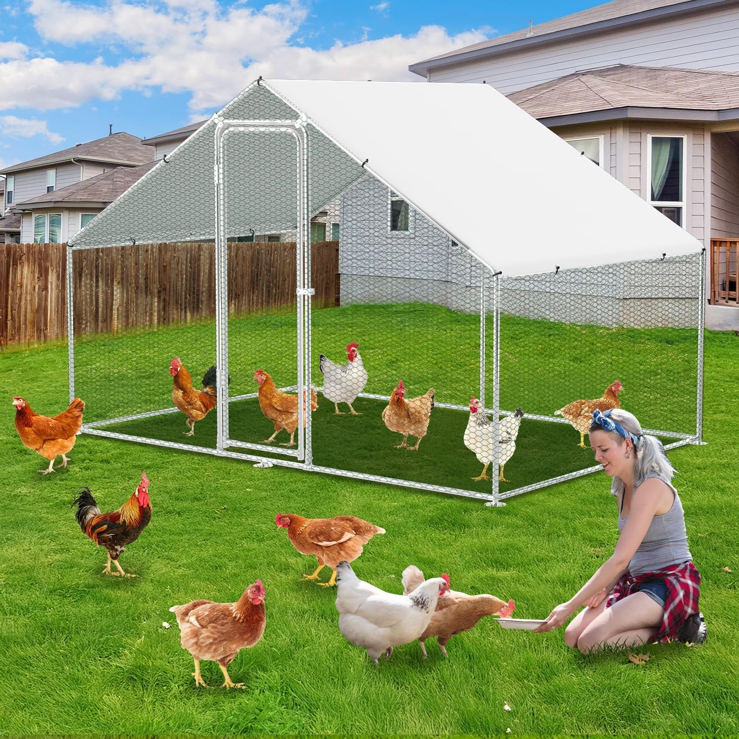 Herrselsam Pollaio Ovaiole per Esterni, 3x2x2m Pollaio per Esterni con Telaio Zincato, Recinto con Copertura in Tessuto Impermeabile, Serratura, per Polli, Anatre e Conigli