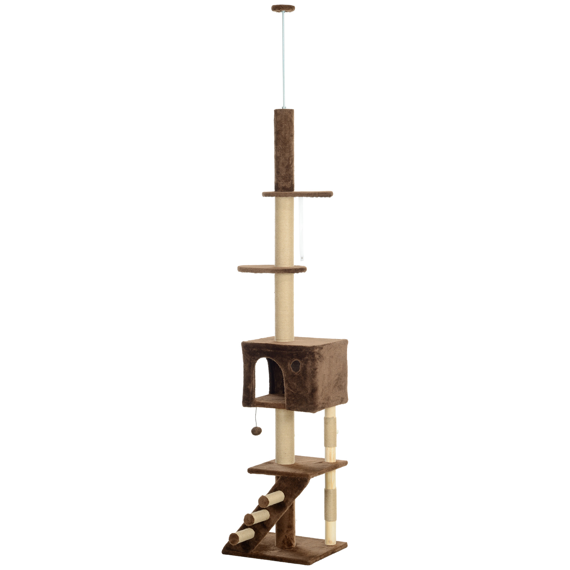 PawHut Kratzbaum, deckenhoch, verstellbar 225-265cm, mit Katzenhöhle, Leiter, Plattformen, Plüsch, Braun