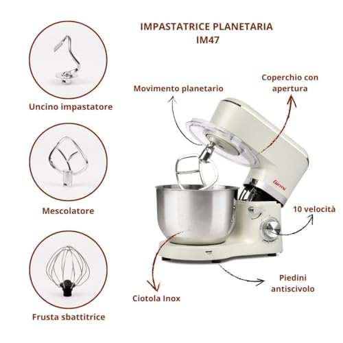 Girmi IM47 Impastatrice Planetaria, Capacità 6 Litri, Impasti fino a 2,4 kg, 1500 W Max, Pulse, 10 Velocità, Contenitore Inox, Accessori inclusi, Panna : Amazon.it: Casa e cucina