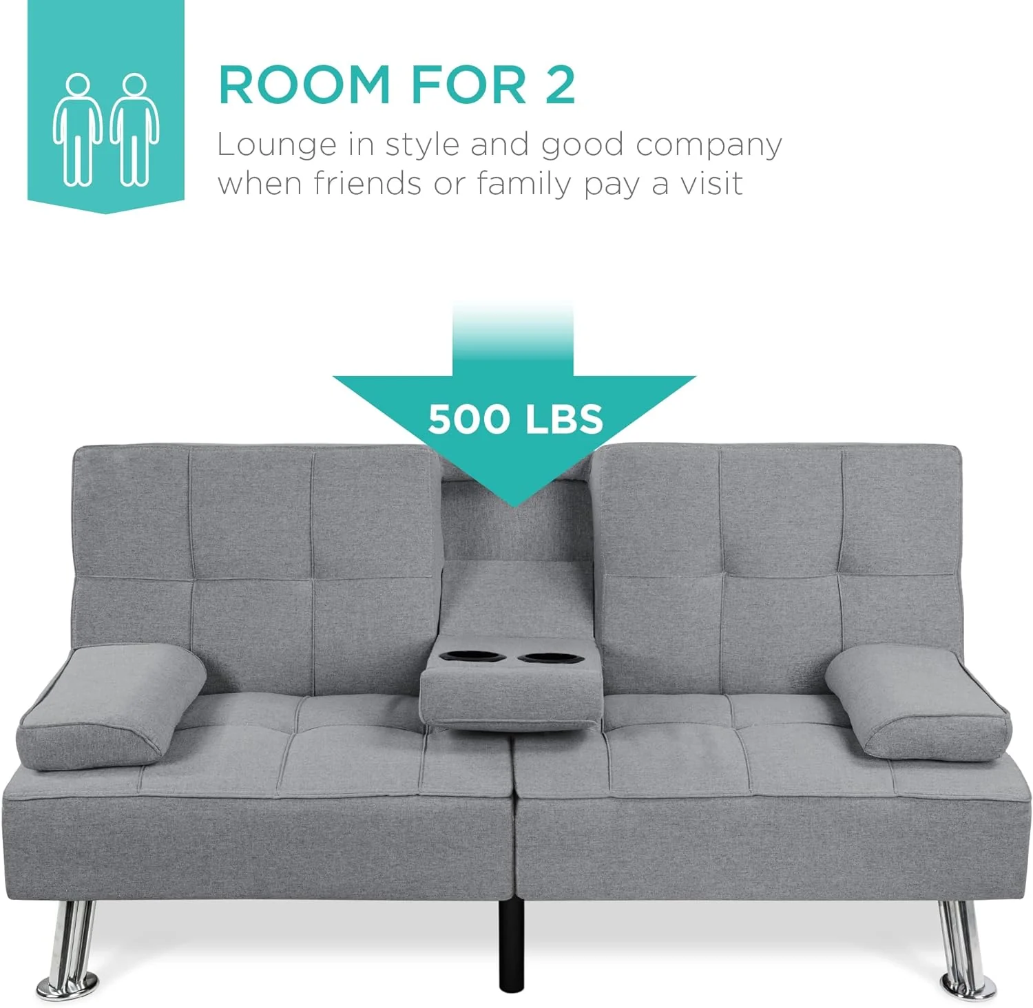 Best Choice Products Linen Upholstered Modern Convertible Folding Futon Sofa Bed for Compact Living Space, Apartment, Dorm, Bonus Room w/Removable Armrests, Metal Legs, 2 Cupholders - Gray
