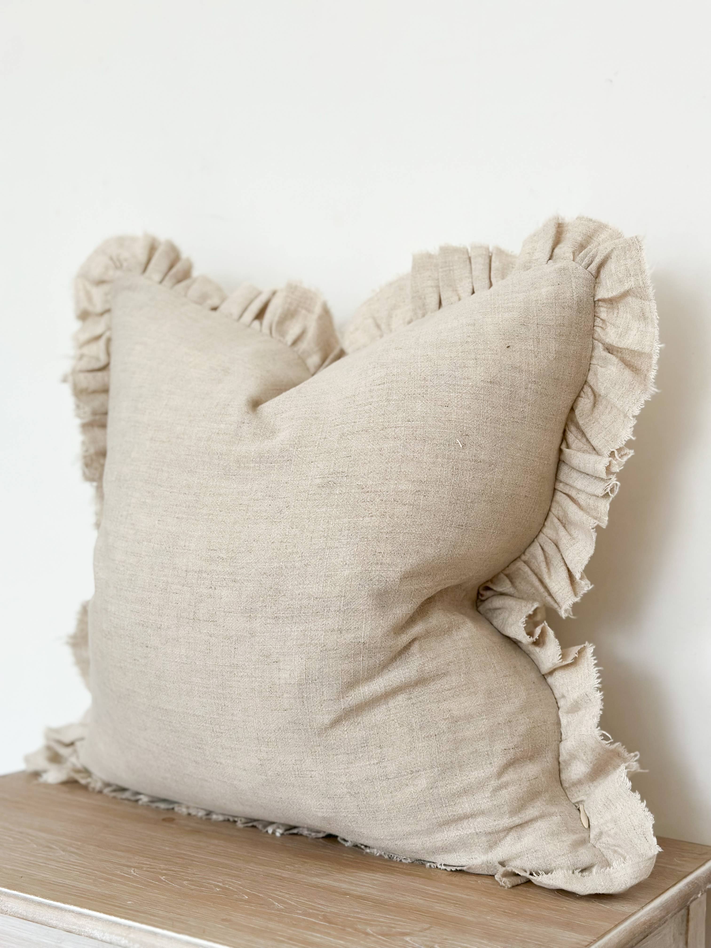 Ruffled Linen Cushion �C Sand | 53cm x 53cm | Feather Filled