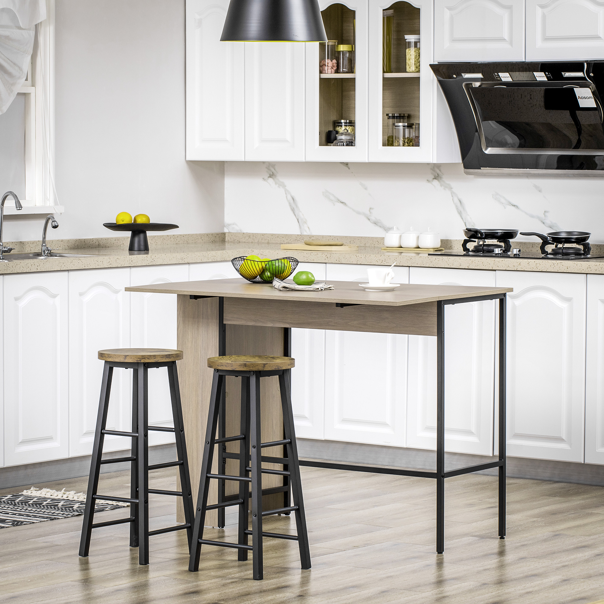HOMCOM Zentrale Insel Bar-Tisch mit klappbarer Seitenplatte und 3 Regalen 120 x 76 x 91,4 cm Hellgrau