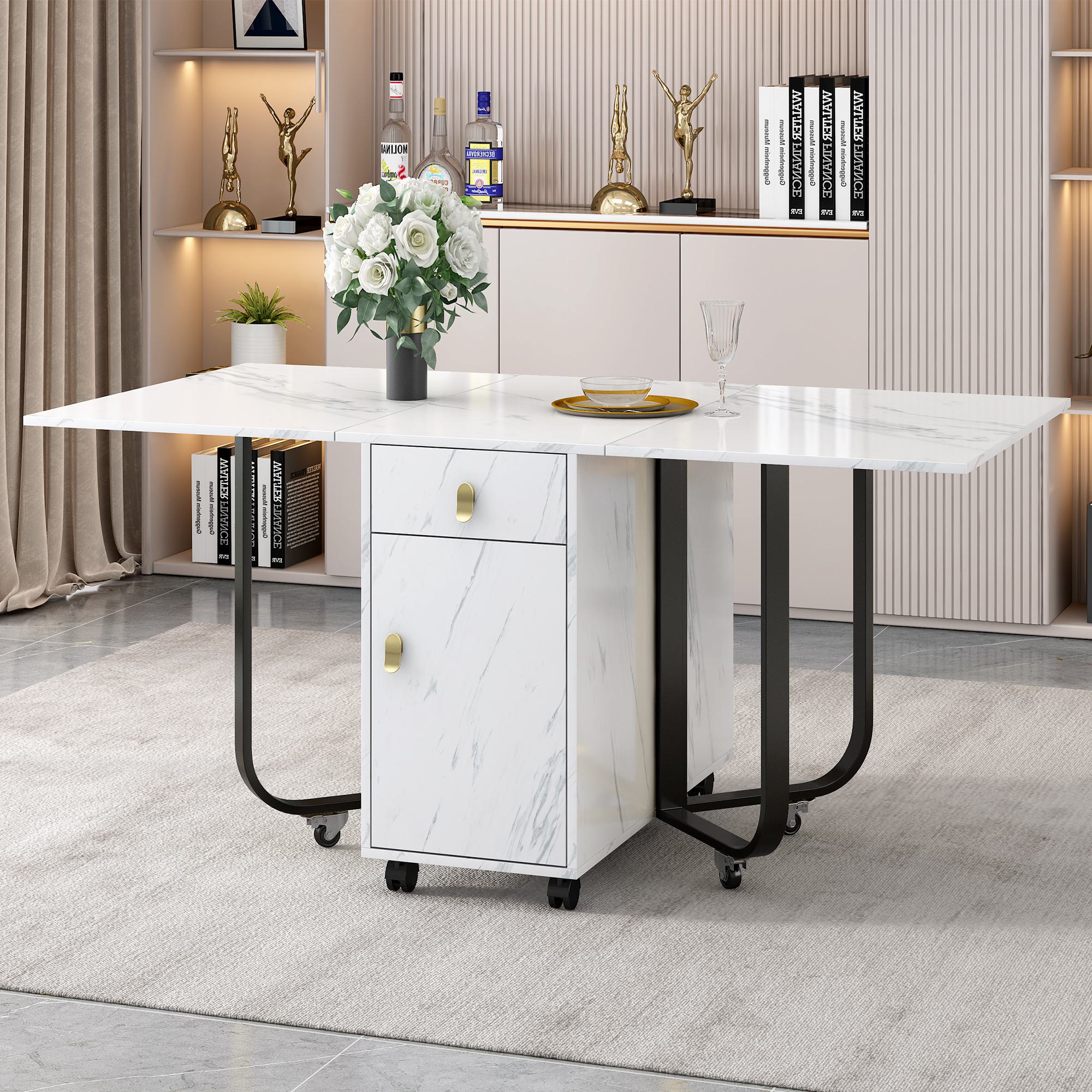 Klappbarer Esstisch mit Aufschrank und 2 Schubladen, Vielseitiger Tisch mit Rollen, 150×80×76 cm, Weiß+Schwarz