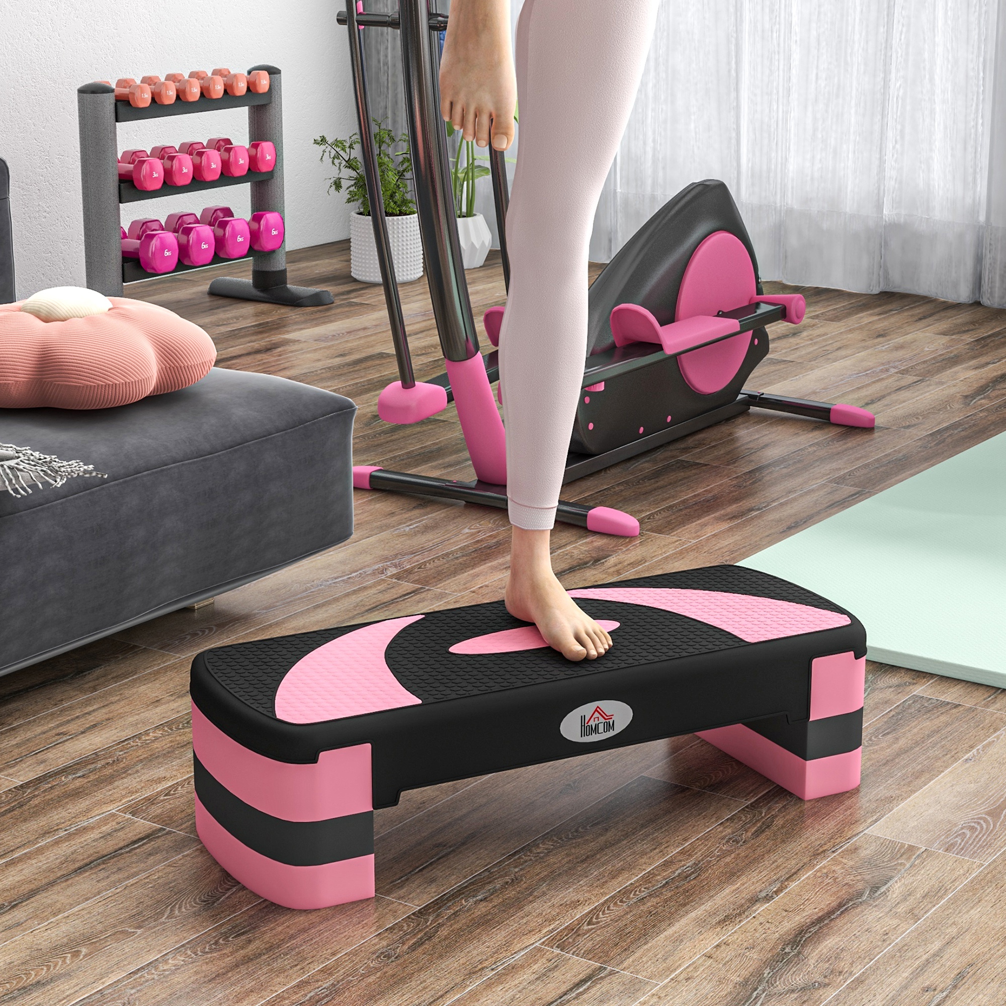 HOMCOM Aerobik-Stepper, höhenverstellbar, 80 x 31 x 10/15/20 cm, bis 150 kg, Schwarz/Rosa/Grau