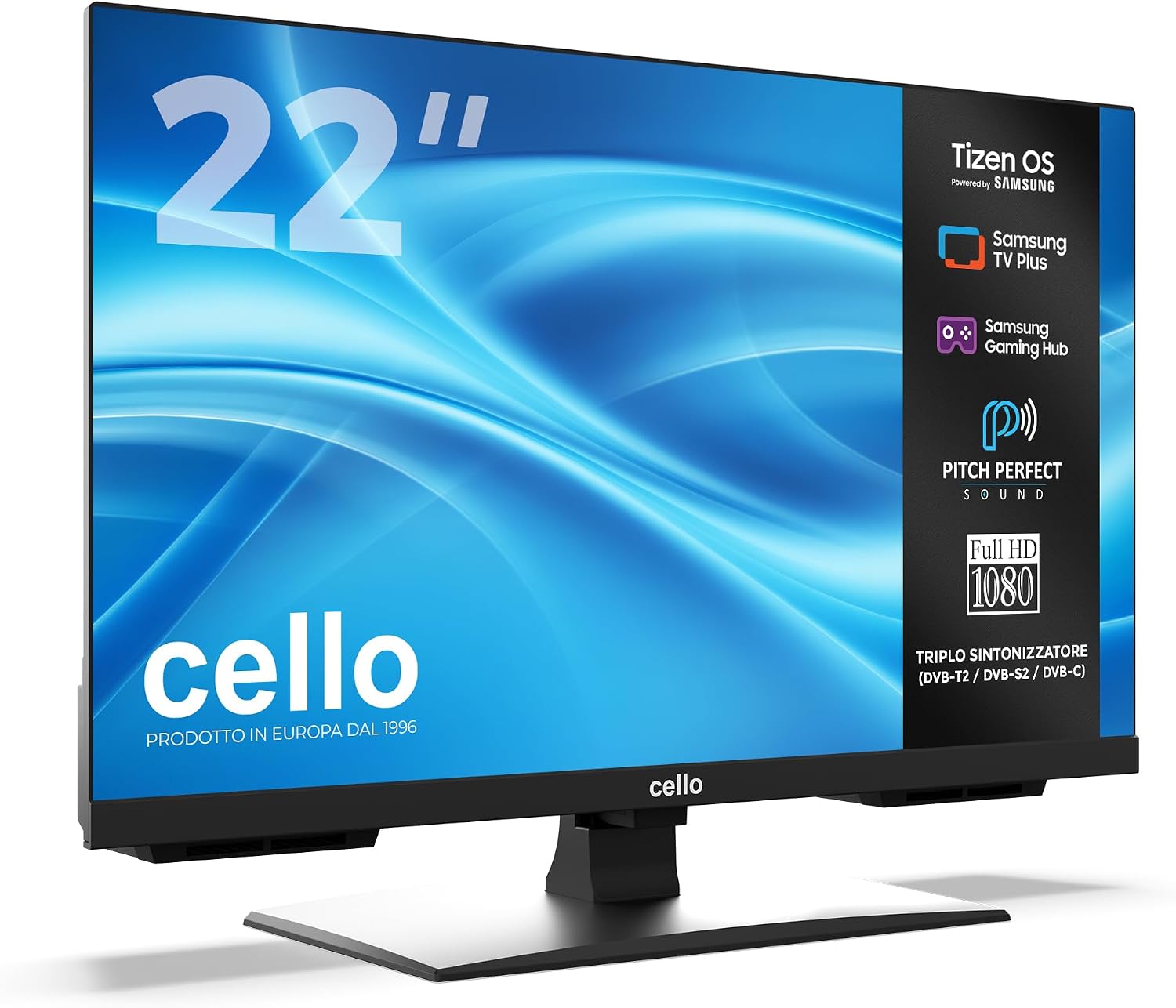 Cello C2226TZH TV LED Smart da 22' senza cornice con Tizen OS di Samsung, Gaming Hub, altoparlanti Pitch Perfect, ideale per cucina e camera da letto, triplo sintonizzatore
