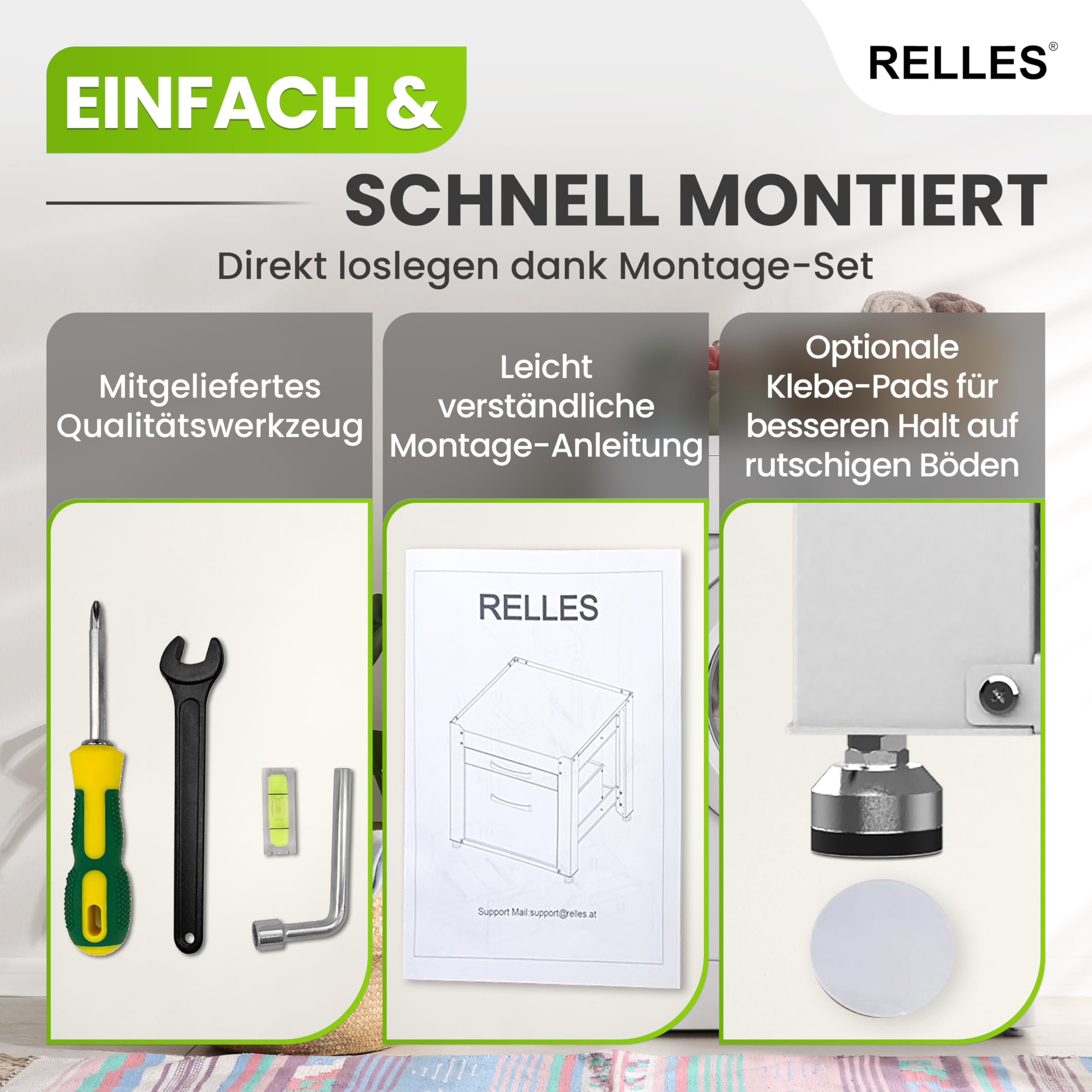 Untergestell für Waschmaschine und Trockner mit Schublade und Ablage, 500 kg Tragkraft, Stahl, 62x62x57,5 cm, höhenverstellbare Füße