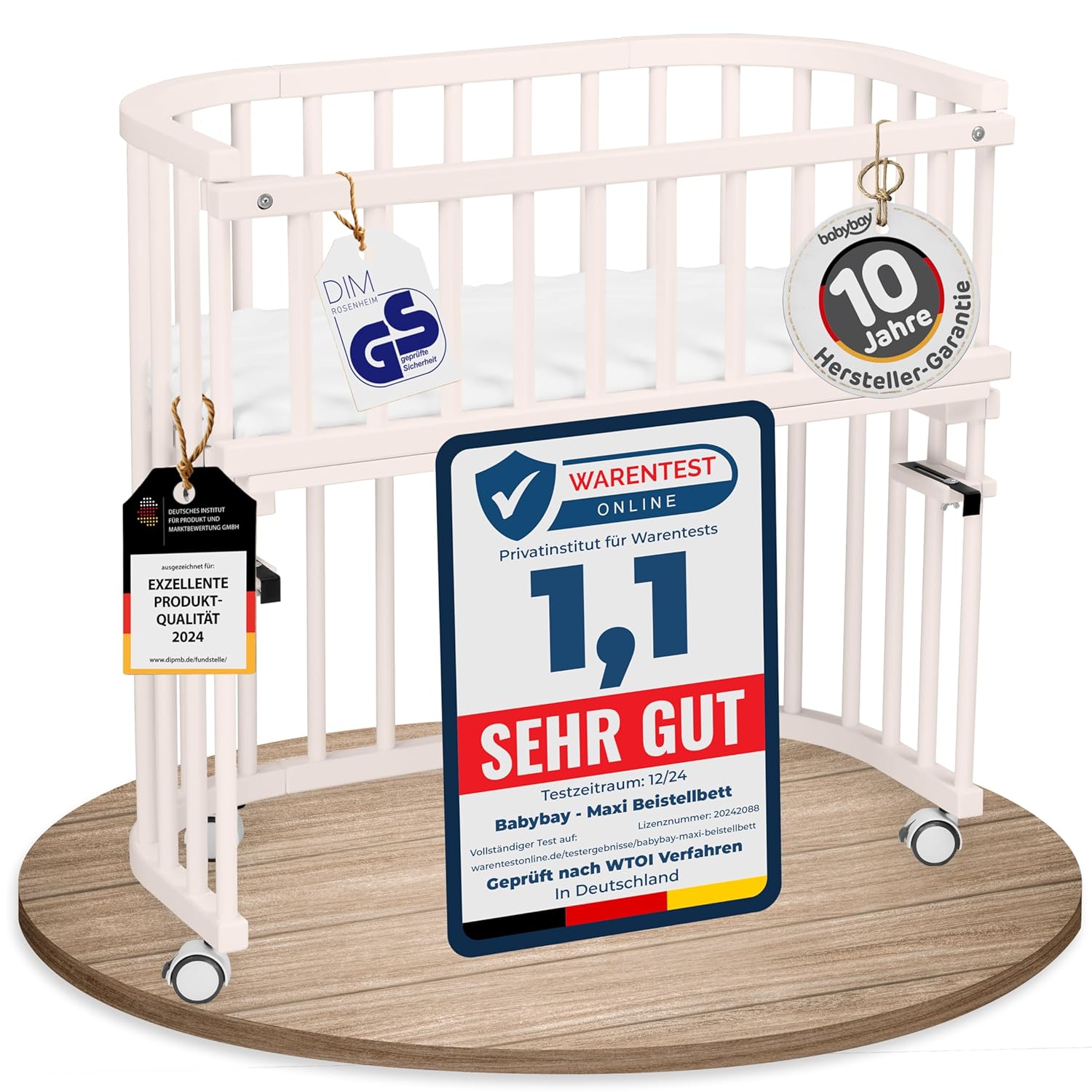 babybay Original Beistellbett aus massivem Buchenholz / kompakt & verwandelbar / Kinderbett Höhe stufenlos verstellbar & umweltfreundlich / mitwachsendes Babybett (weiß lackiert) / inkl. Matratze