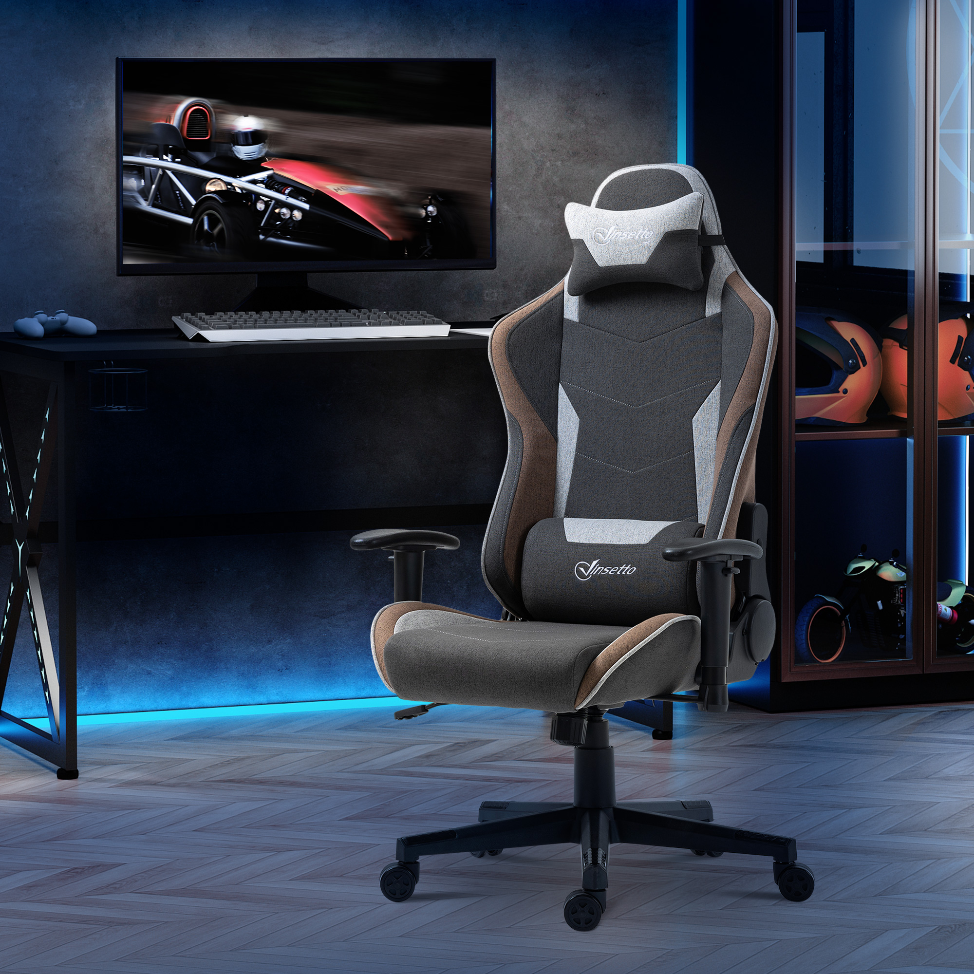 Vinsetto Gaming-Stuhl Neigbar um 150° mit Wippfunktion, Kopfstütze und Lendenkissen, Grau