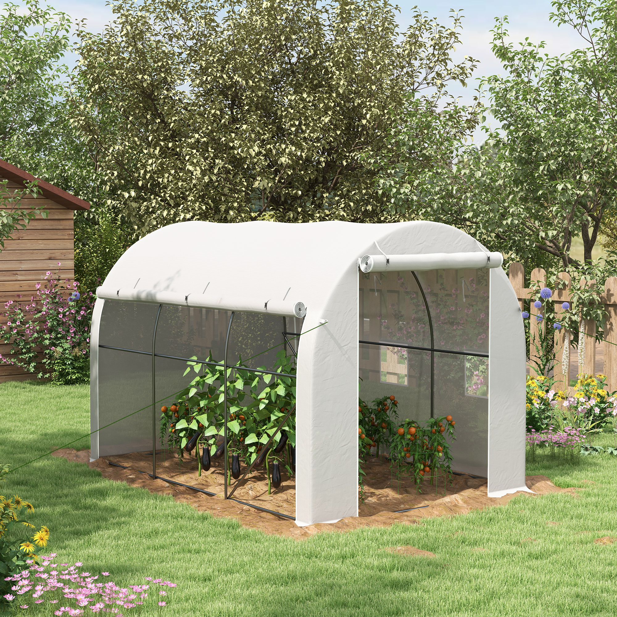 Outsunny Gartengewächshaus 6 m² Größe 3 x 2 m mit 1 Tür + 2 seitlichen Rollwänden mit Reißverschluss, 6 Fenstern, Weiß