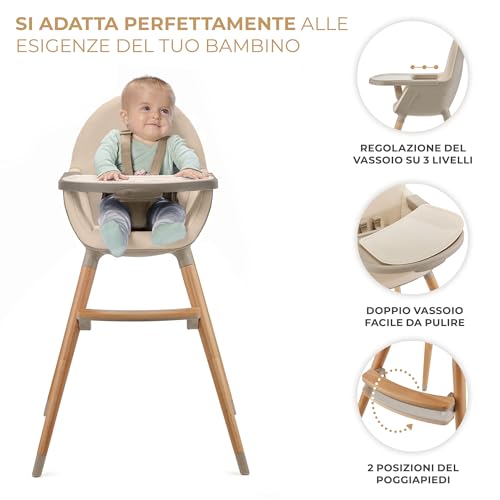 Kinderkraft Seggiolone Pappa FINI2, 2 in 1, Rialzo da Sedia, Poggiapiedi Vassoio Regolabile, per Bambini da 6 Mesi fino 5 Anni, Beige : Prima infanzia