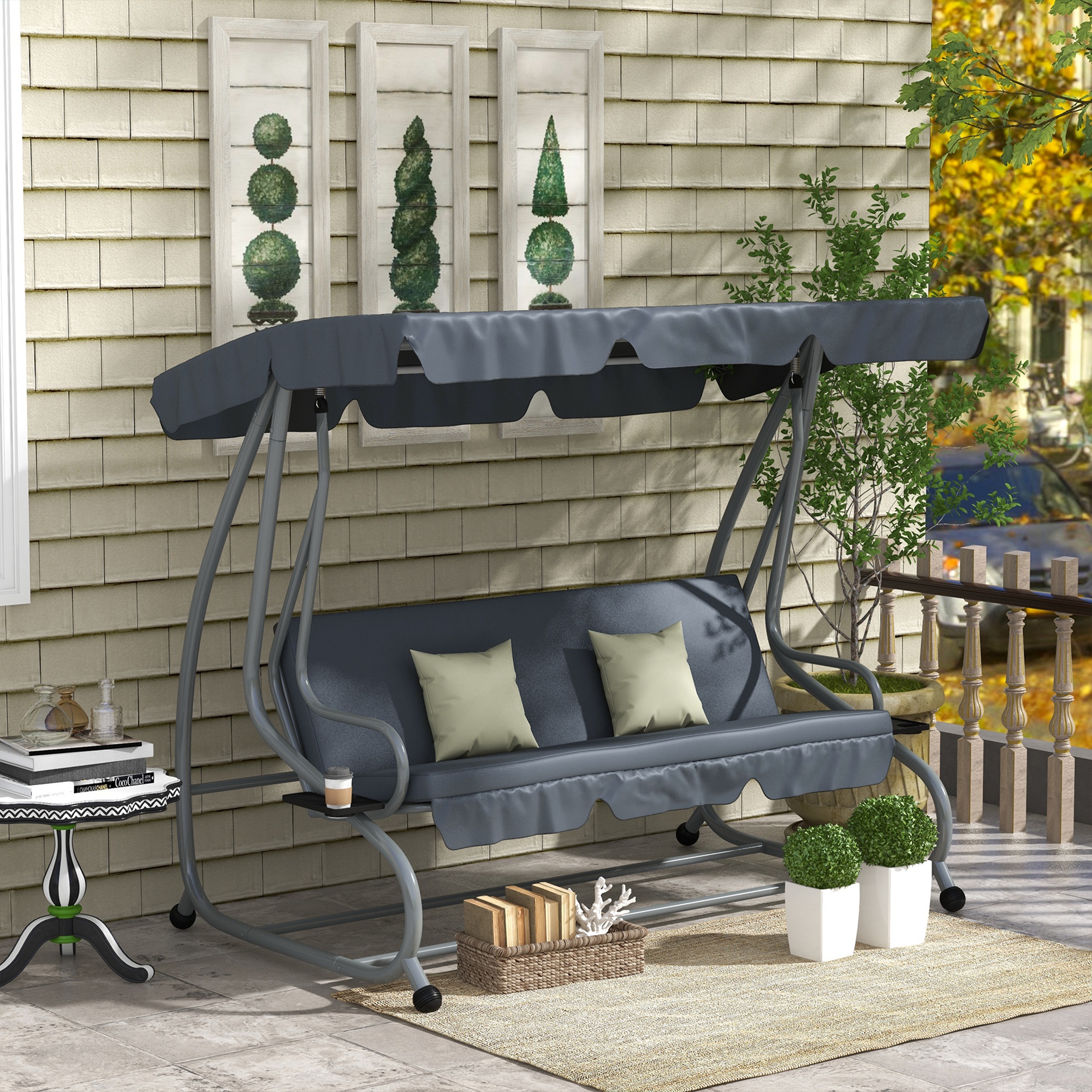 Outsunny Garten Schaukelbank 3 Plätze Umwandelbar Verstellbares Dach 2 Ablageflächen Polyester Grau 2L x 1,2B x 1,64H m Metall