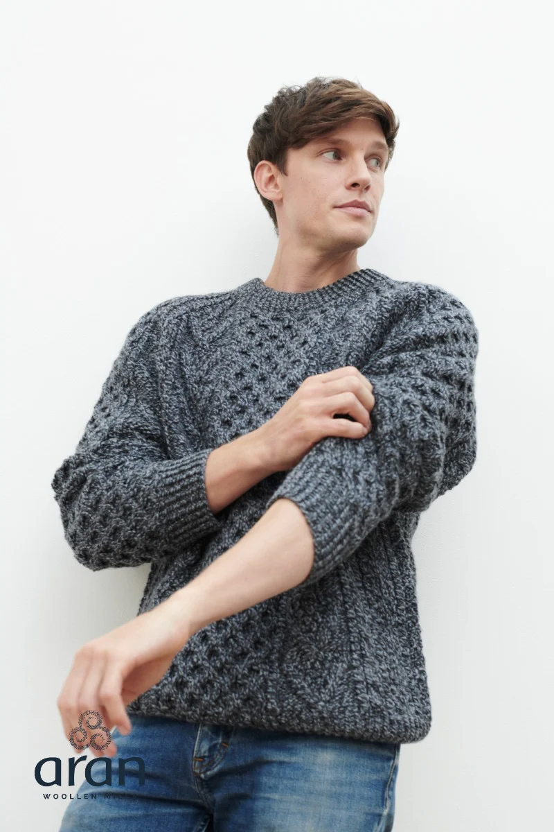 Handknit Crew Neck Aran Sweater , Charcoal