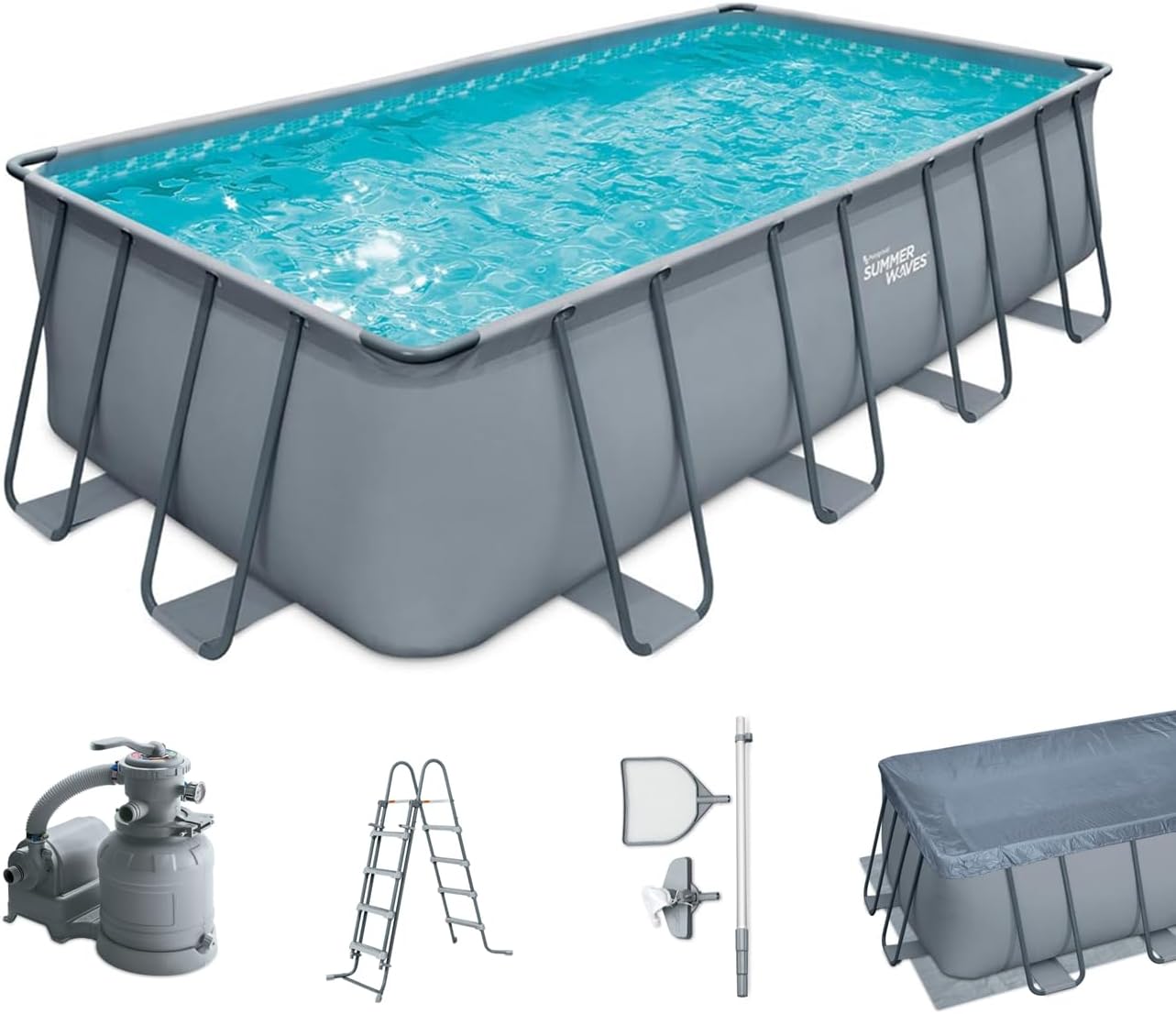 Summer Waves Frame Pool Komplettset | Rechteckig 549x274x132 cm Grau | Aufstellpool Set | Gartenpool & Schwimmbecken inkl. Sandfilterpumpe, Bodenvlies, Abdeckplane & Einstiegsleiter