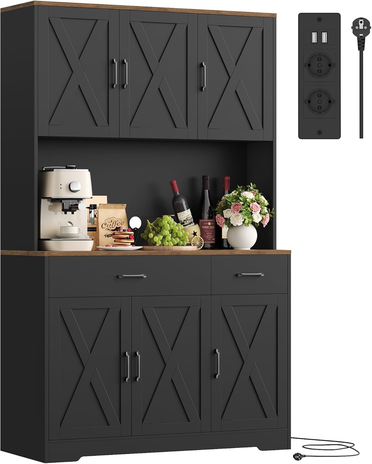 HOCSOK Credenza Cucina 105x180 cm (BxH), Alta Dispensa Cucina con Presa Elettrica, Ripiani Regolabili, Microonde con Ripiani Aperti, mobile soggiorno, Nero