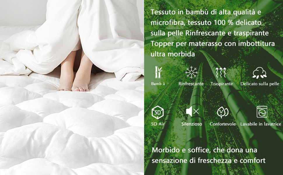 Coprimaterasso trapuntato bianco con piedi che fanno capolino. Il pannello verde elenca i vantaggi del tessuto in bambù e microfibra: rinfrescante, traspirante, morbido, silenzioso e lavabile in lavatrice