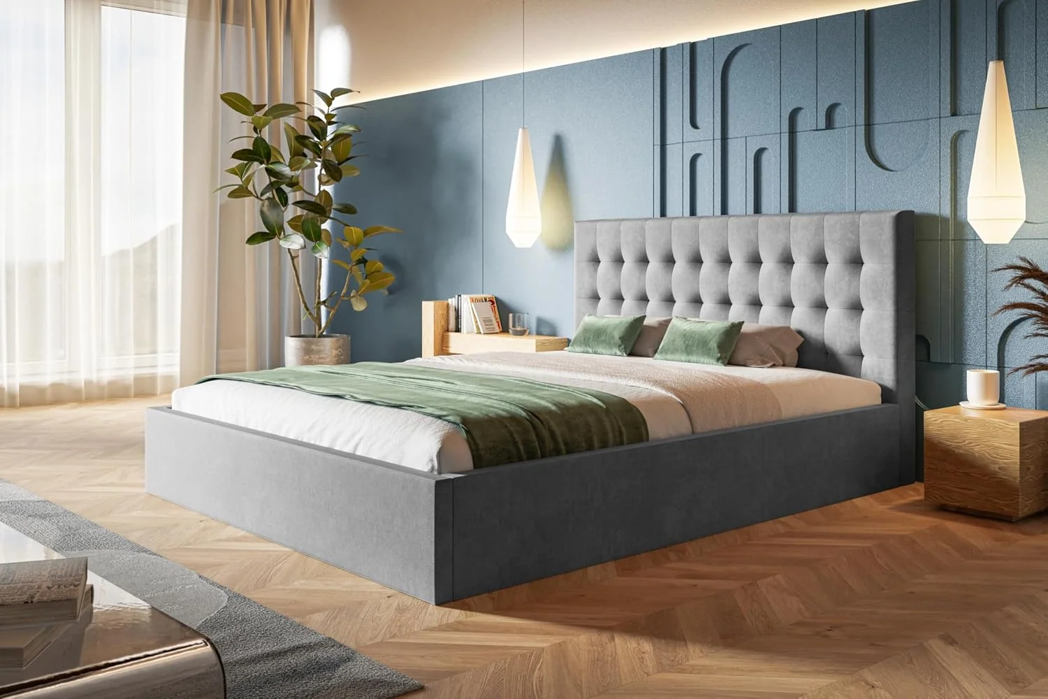 AlpiMeble Bett, grau, 160x200 - Polster mit kasten und Holzrahmen - Modern en