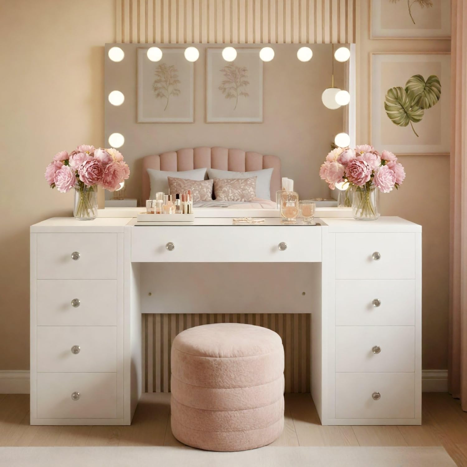 CLP Tiline Dressing Table with Mirror Hollywood I Cosmetic Table with LED Lighting I Table with 9 Drawers and USB Port, Colour: White