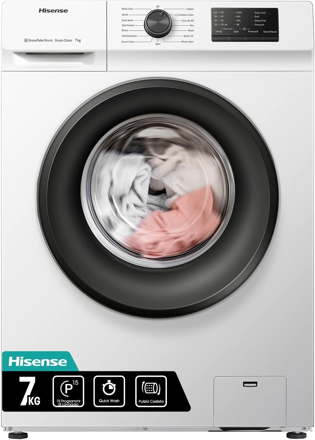 Hisense WFVB7012EM Front Load Washing Machine 7 kg 1200 rpm 15 Programs Steam LED Display Rapid Program Delay Start Child Lock