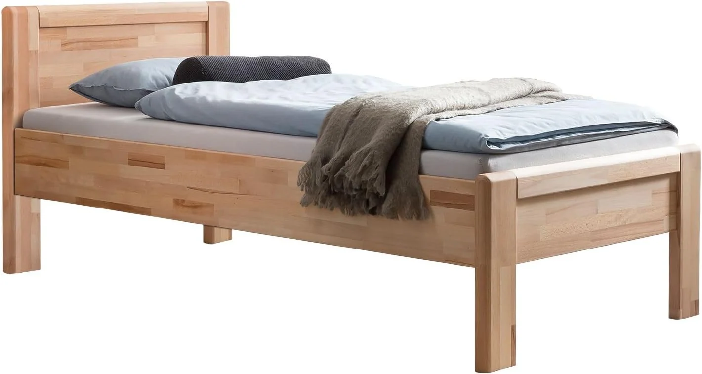 Ewen Seniorenbett Massivholz 90x200 cm Komforthöhe aus geölter Kernbuche, 48 cm Einstiegshöhe, Belastbarkeit: 160 kg, mit Auflageleisten, Natur