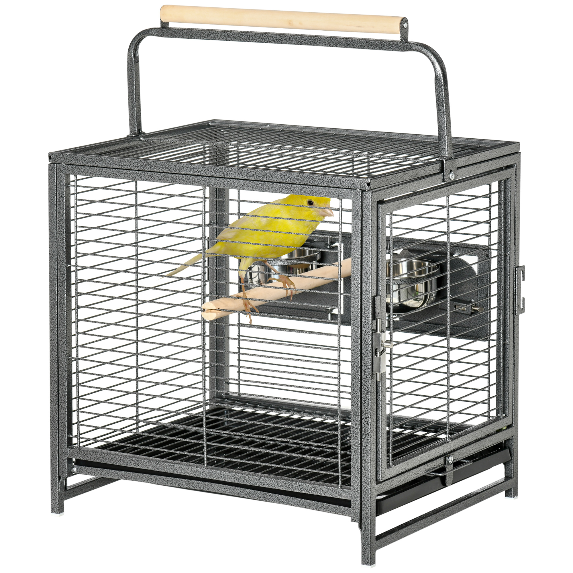 PawHut Vogeltransportkäfig aus Stahl für Papageien, Vogelkäfig mit 2 Edelstahlnäpfen, 2 Sitzstangen, Schale, schwarz