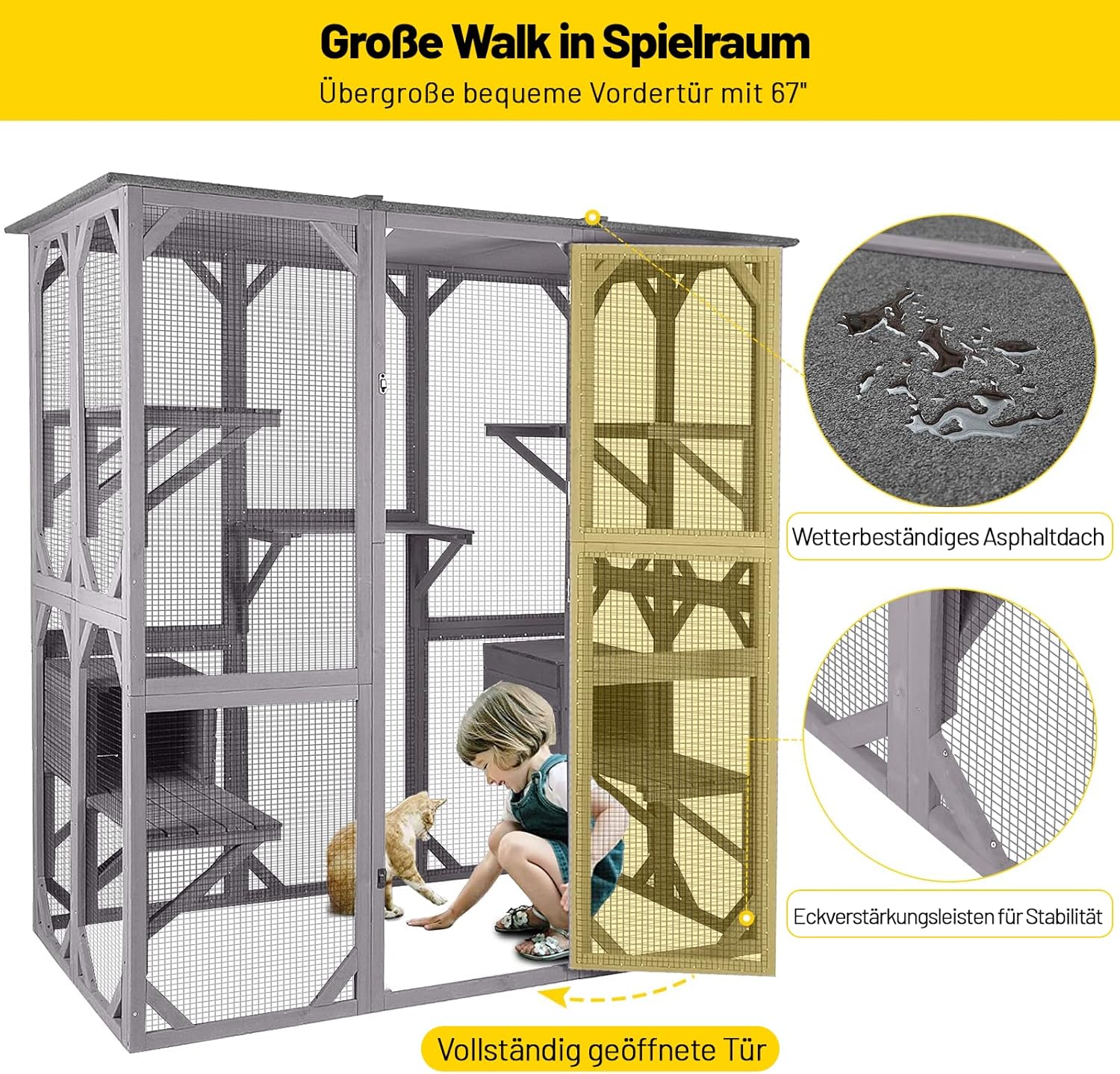 Kattenhuis Outdoor Catio Kitty Omheining met Super Grote Toegangsdeur, Houten Kattenkooi Condo Indoor Box met Platforms en Klein Huis