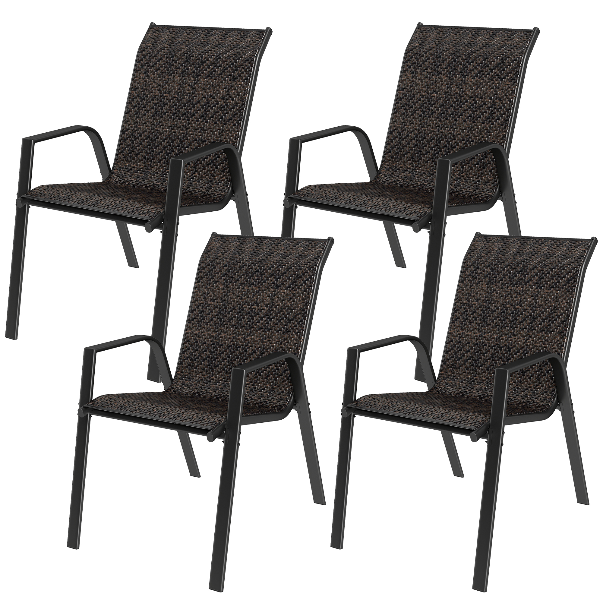 Outsunny Set mit 4 stapelbaren Gartenstühlen, Outdoor-Stuhl mit Armlehnen und Rattanoptik Überzug in Braun