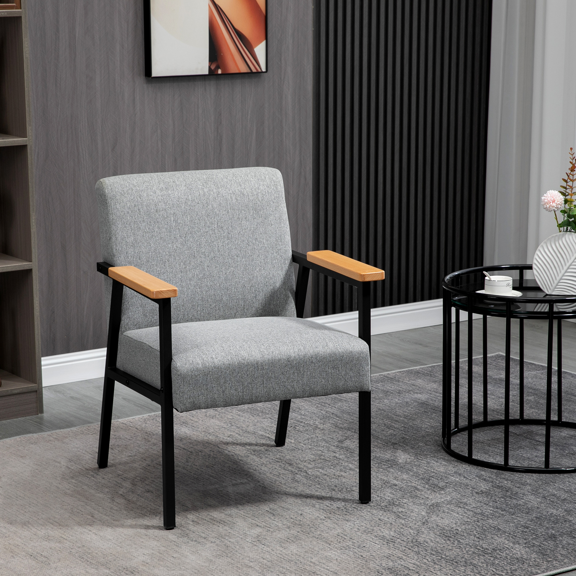 HOMCOM Akzentsessel im Skandidesign, Ruhesessel ,Akzentstuhl, Leinenoptik, Kautschukholz, Grau + Schwarz + Braun