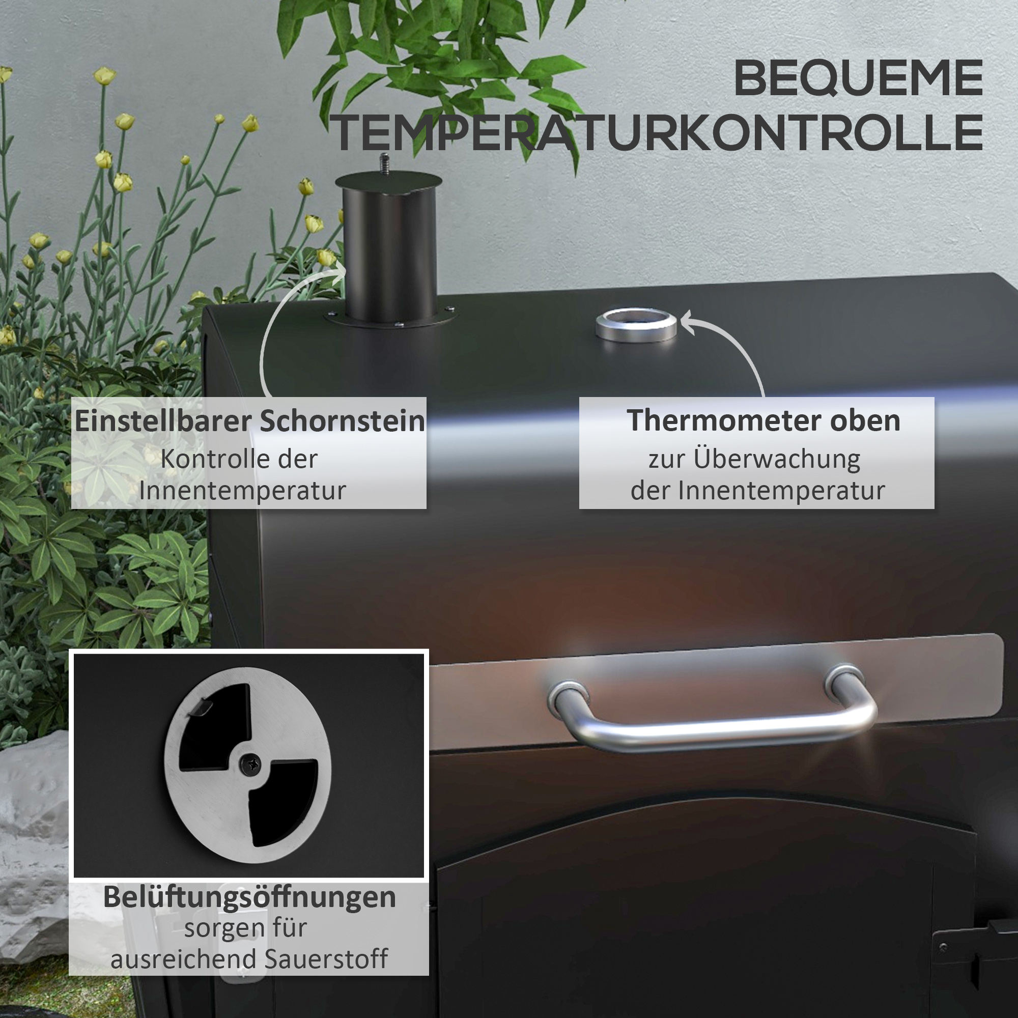 Outsunny Houtskoolgrill BBQ-Grill Smoker, verstelbare koolstoffen, zijtafels, 124 x 66 x 112 cm, Zwart