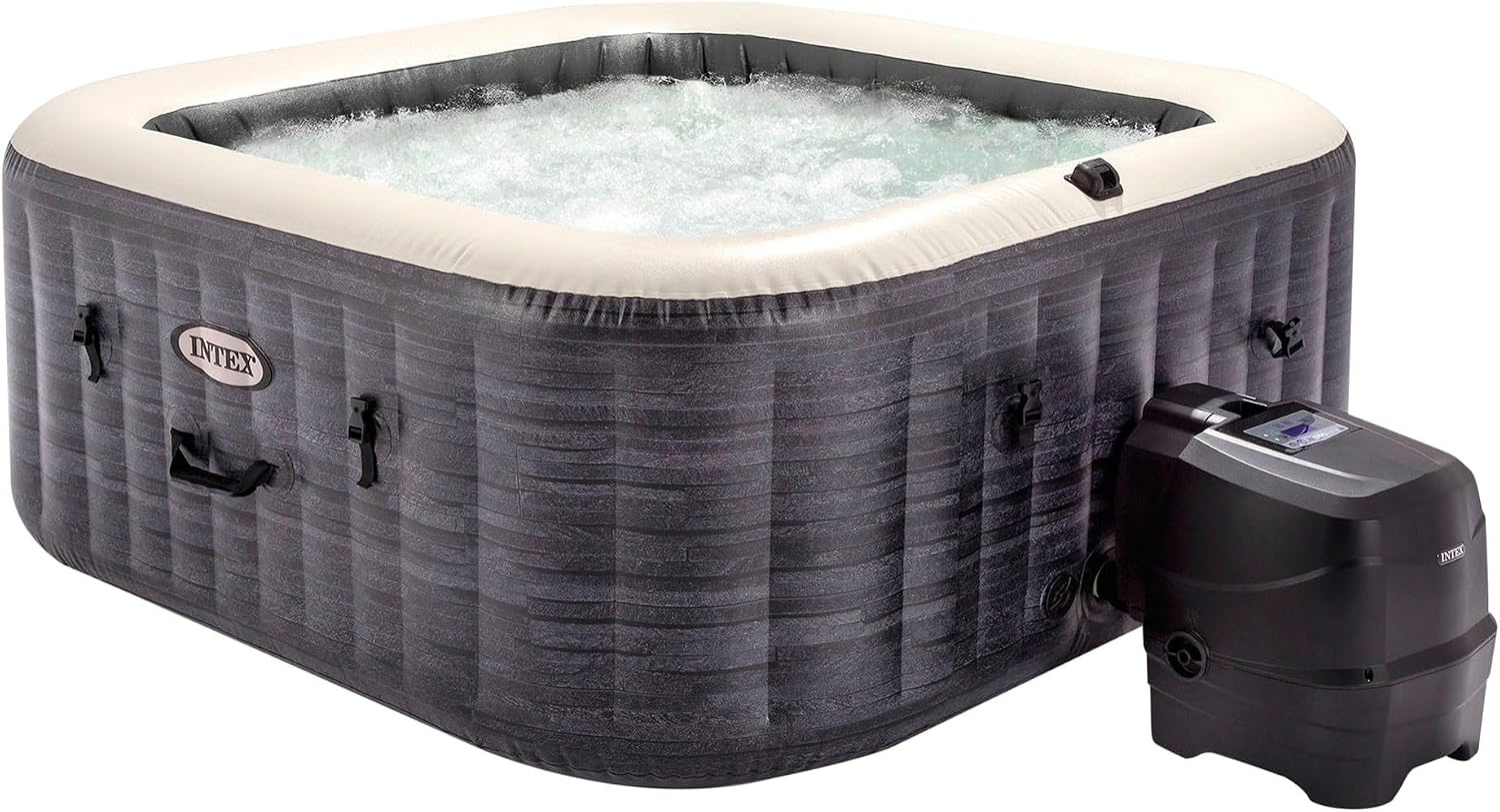 INTEX PureSpa Greywood Deluxe In- & Outdoor Whirlpool aufblasbar für 4 Personen 795 L (145 x 71cm) Inkl. Wasserenthärtungs- & Salzwassersystem