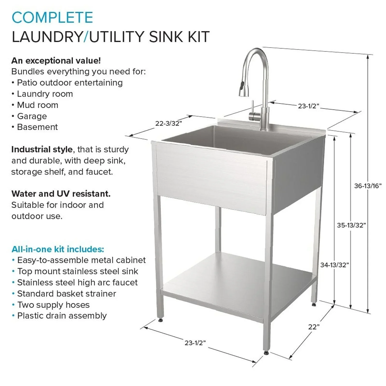 24-in W x 22-in D x 35-in H Stainless Steel Laundry Sink and Wash Stand