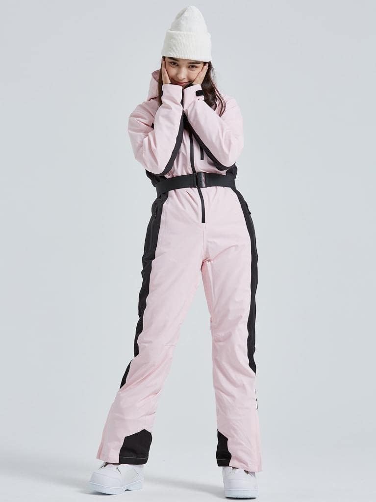 ALSOGO Einteiliger Skianzug für Damen, Skioverall 10,000mm wasserdichter Schneeanzug mit abnehmbarer Pelzkragen Mantel Gürtel, Warm Isoliert Skibekleidung für Outdoor Winter Skifahren Snowboard