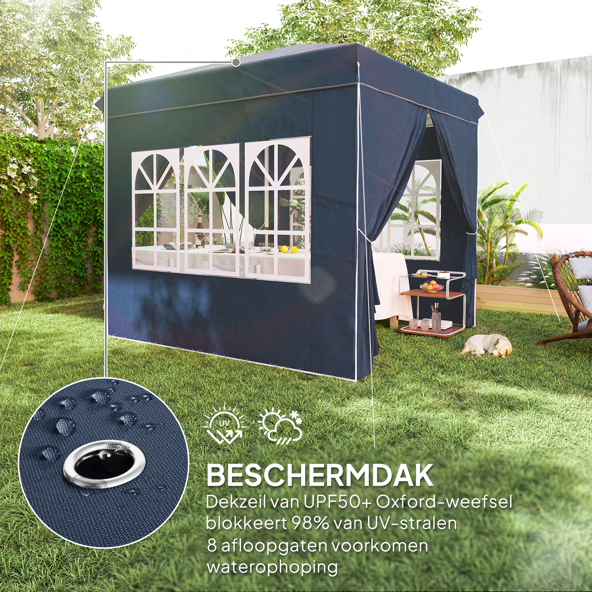 Outsunny 2,5 x 2,5 m Pop-up Paviljoen met Zijwanden en Draagtas, UPF50+ Hoogteverstelbaar Tuinpaviljoen, Donkerblauw