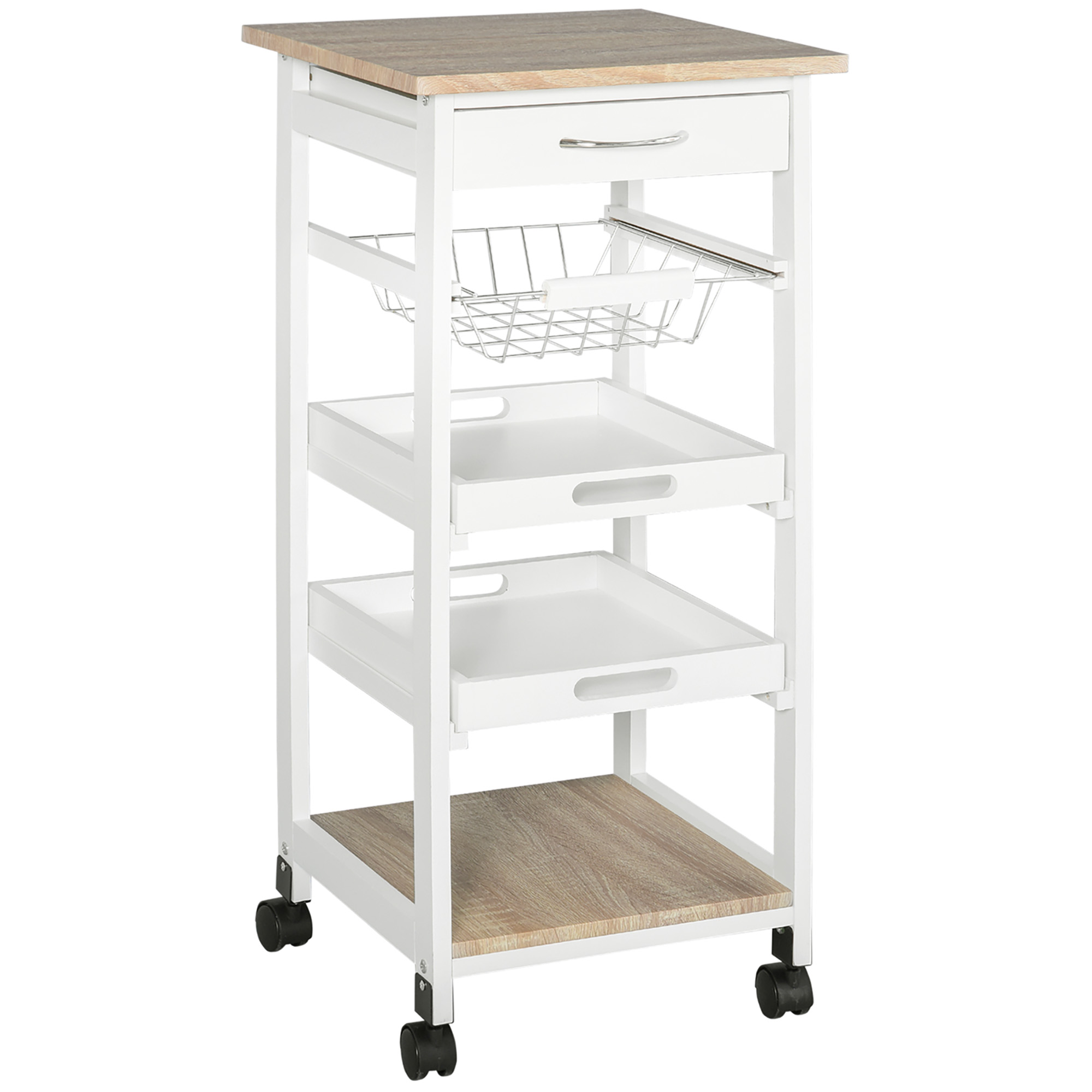 HOMCOM Küchenwagen, Servierwagen mit Schublade und abnehmbarem Tablett Küchenrollwagen, Rollwagen mit Arbeitsplatte, Kieferholz, Weiß, 37 x 37 x 82 cm