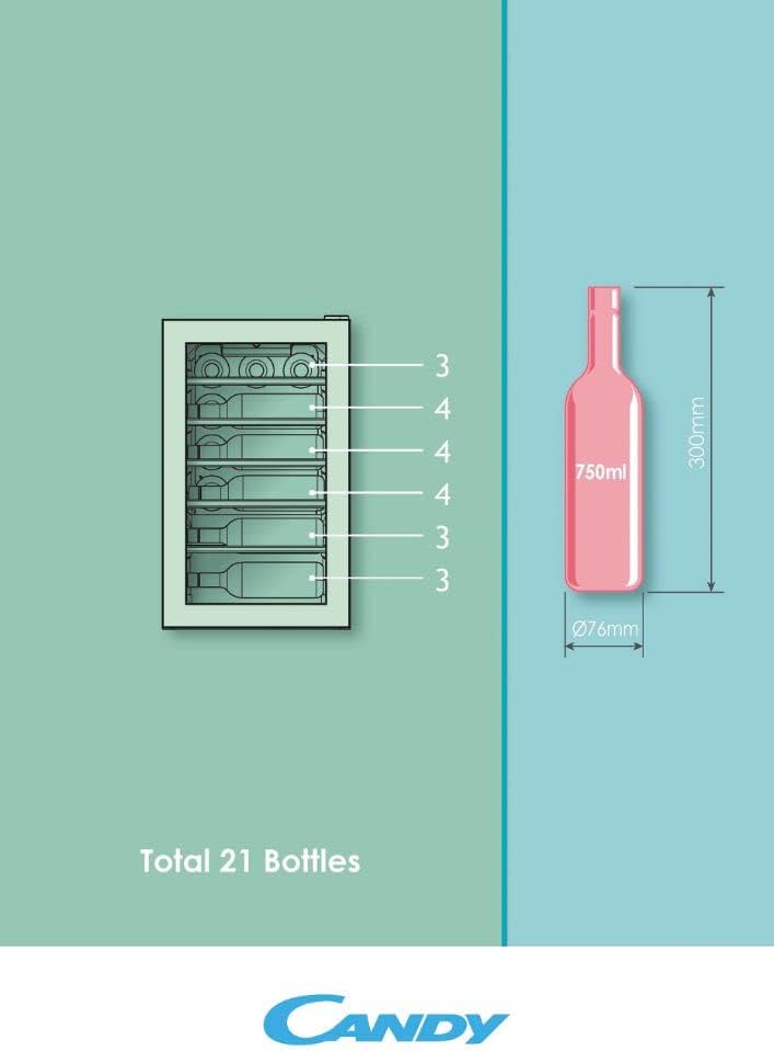 Candy DiVino CWCEL 210/N Cantinetta Vino, 21 Bottiglie, Antivibrazioni, App hOn, Display Digital, Luci LED, Vetro Anti-UV, Classe G, 40x55x70 cm, Nero