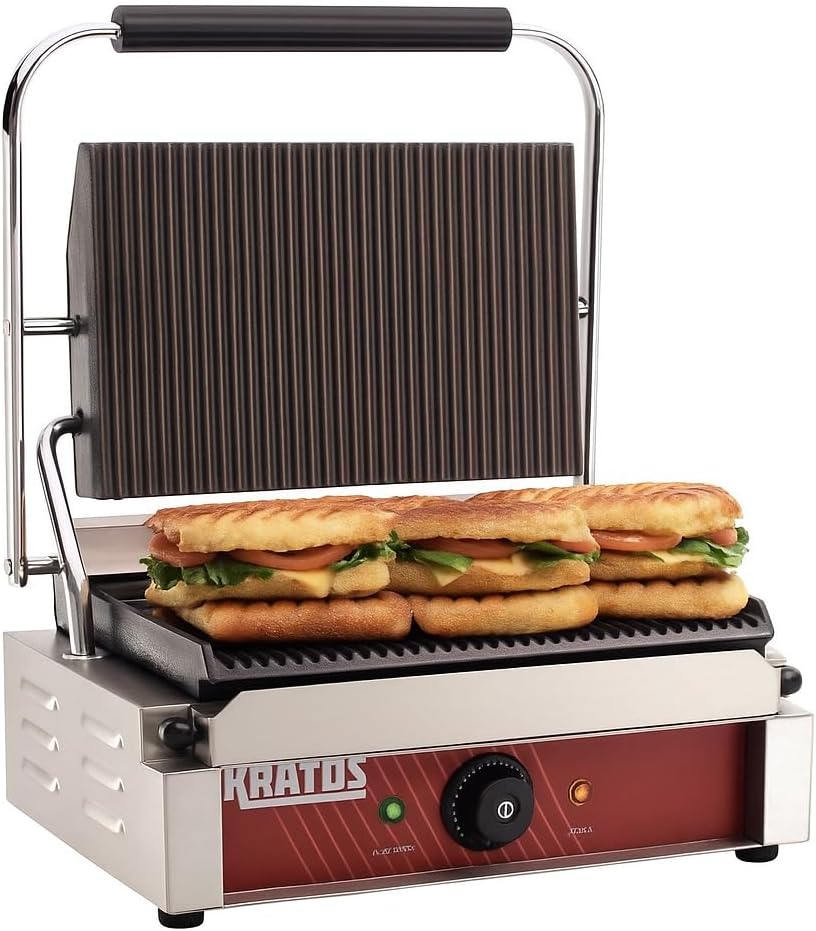 Kratos Commercial Electric Panini Sandwich Grill with Grooved Plates, 14