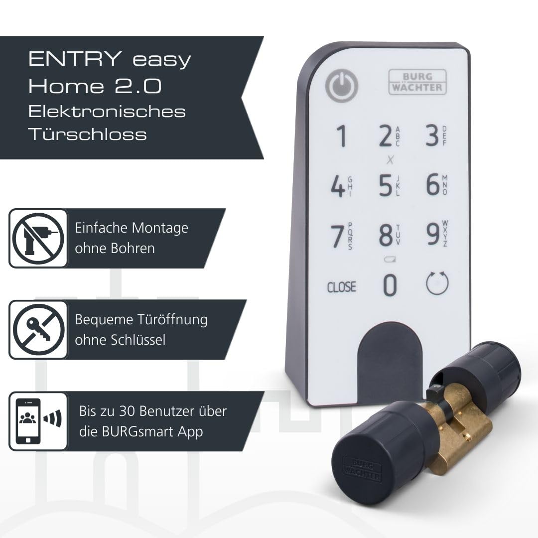 Elektronisches Türschloss secuENTRY ENTRY Home 2.0 mit Keypad Zahlencode App Funköffnung Zylinder für Türen bis 118 mm IP53