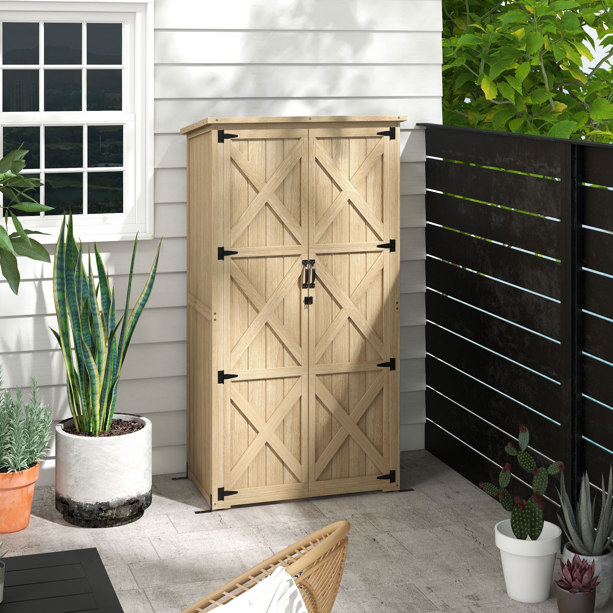 Outsunny Gartenschrank Schuppen für Werkzeuge 90L x 54,5B x 161/168,5H cm 2 Regale bitumendach dichtung kiefer imprägniert