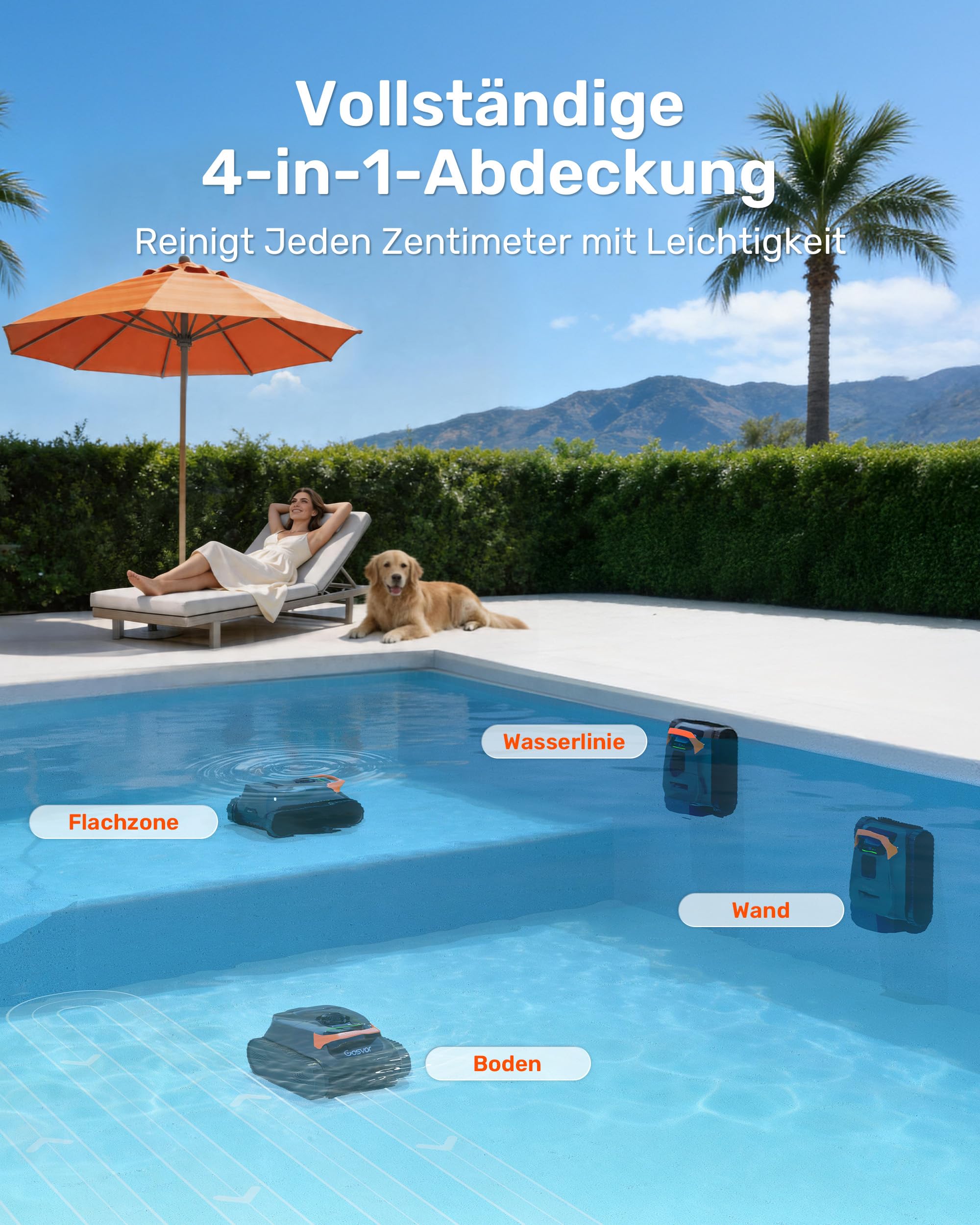 Akku Poolroboter LiteVac G1-GS für Wand, Boden und Wasserlinie, 4-in-1 Reinigung bis 200 m², 200 Min. Laufzeit, 6,9 kg, 3 μm Filter
