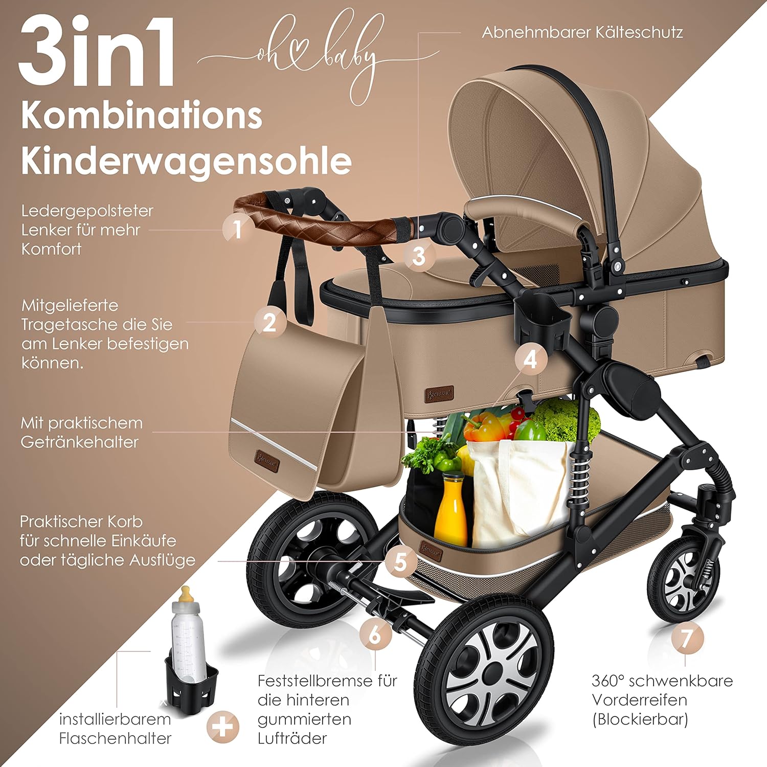 KESSER® Loops 3 in 1 Kinderwagen Kombikinderwagen Komplett-Set inkl. Babywanne & Buggy Sportsitz & Auto-Babyschale Voll-Gummireifen Wickeltasche Regenschutz Kindertisch ECE R129, Schwarz/Schwarz