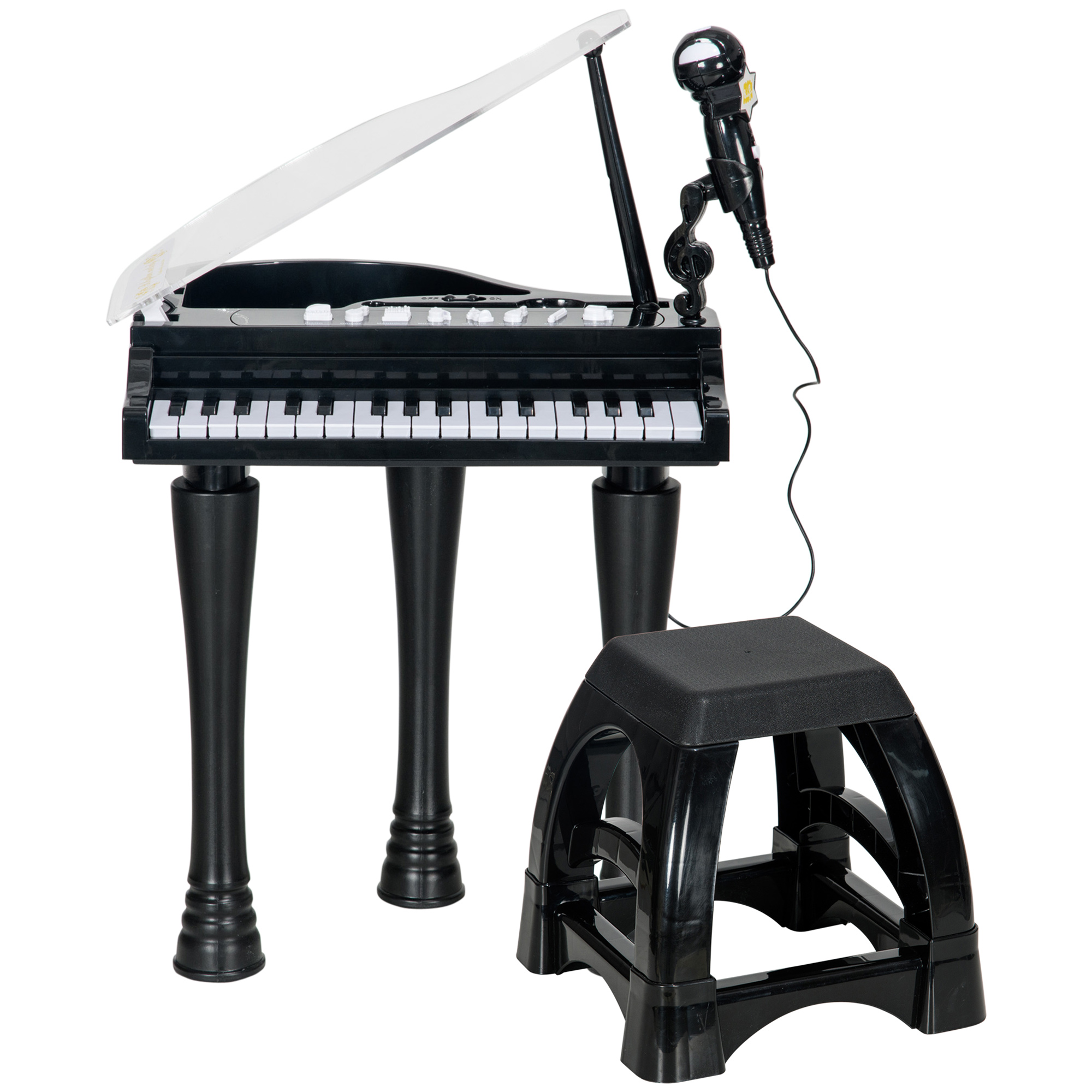 AIYAPLAY Kinderklavier mit 32 Tasten, Hocker, Mikrofon, Musik, Lichtern und abnehmbaren Beinen, Schwarz