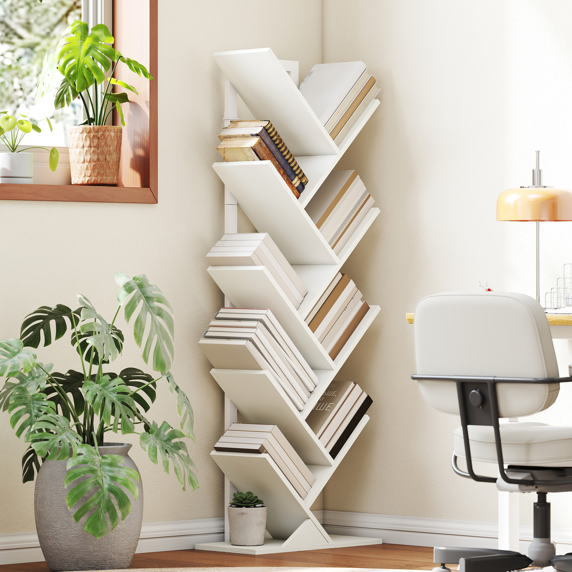 HOMCOM Bücherregal in Baumform mit 9 Regalen und Anti-Kipp-System für Wohnzimmer, Schlafzimmer 50x24x136 cm Weiß