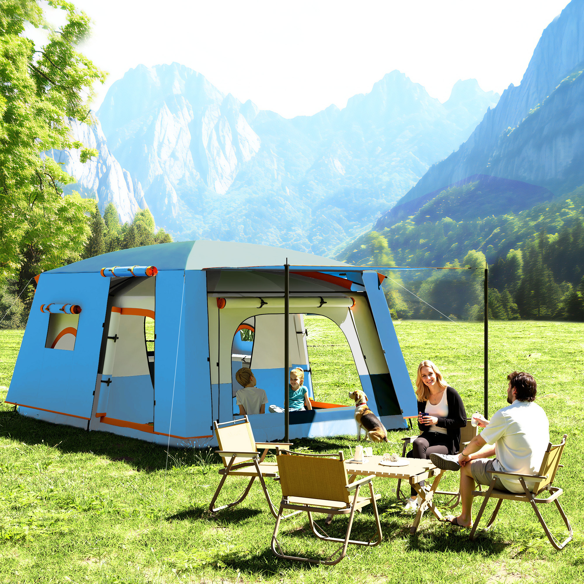 Outsunny Zelt für 4-6 Personen mit 2 Zimmern und Veranda, wasserdicht und UPF 30+, Tragetasche, Blau