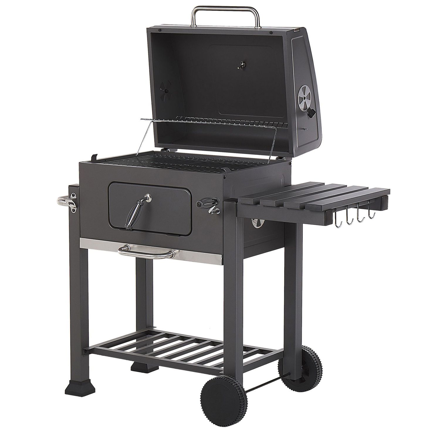 Barbacoa De Carbón Parrilla De Acero Gris Con Tapa Rejilla Ruedas 2 Estantes Termómetro Cenicero Extraíble Jardín Pavlof - Gris