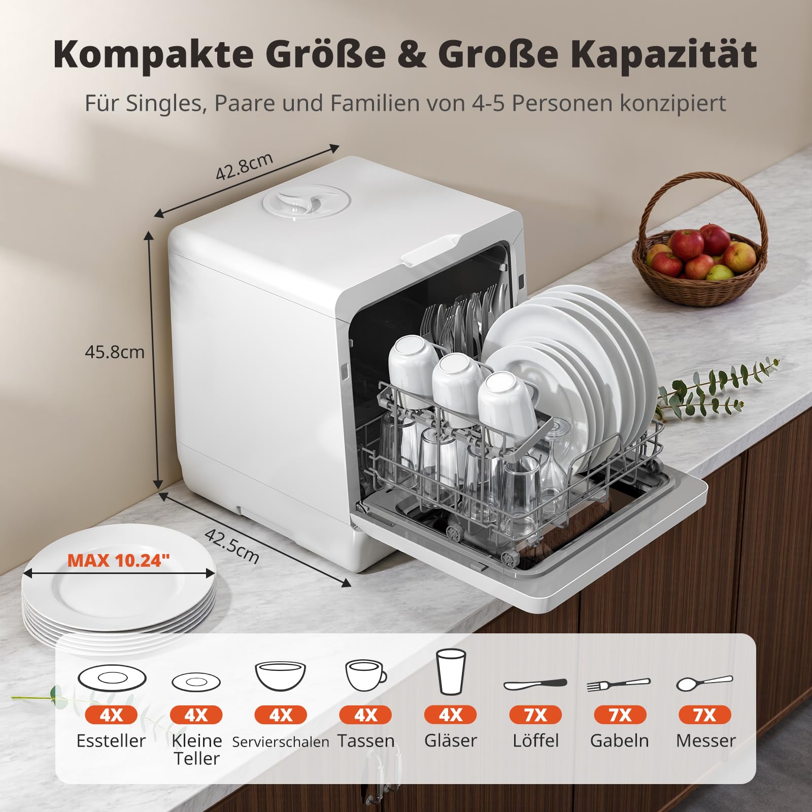 Tischgeschirrspüler mit 8+3 Programmen, 5 Liter Wassertank und Wasserenthärter, für 4 Gedecke